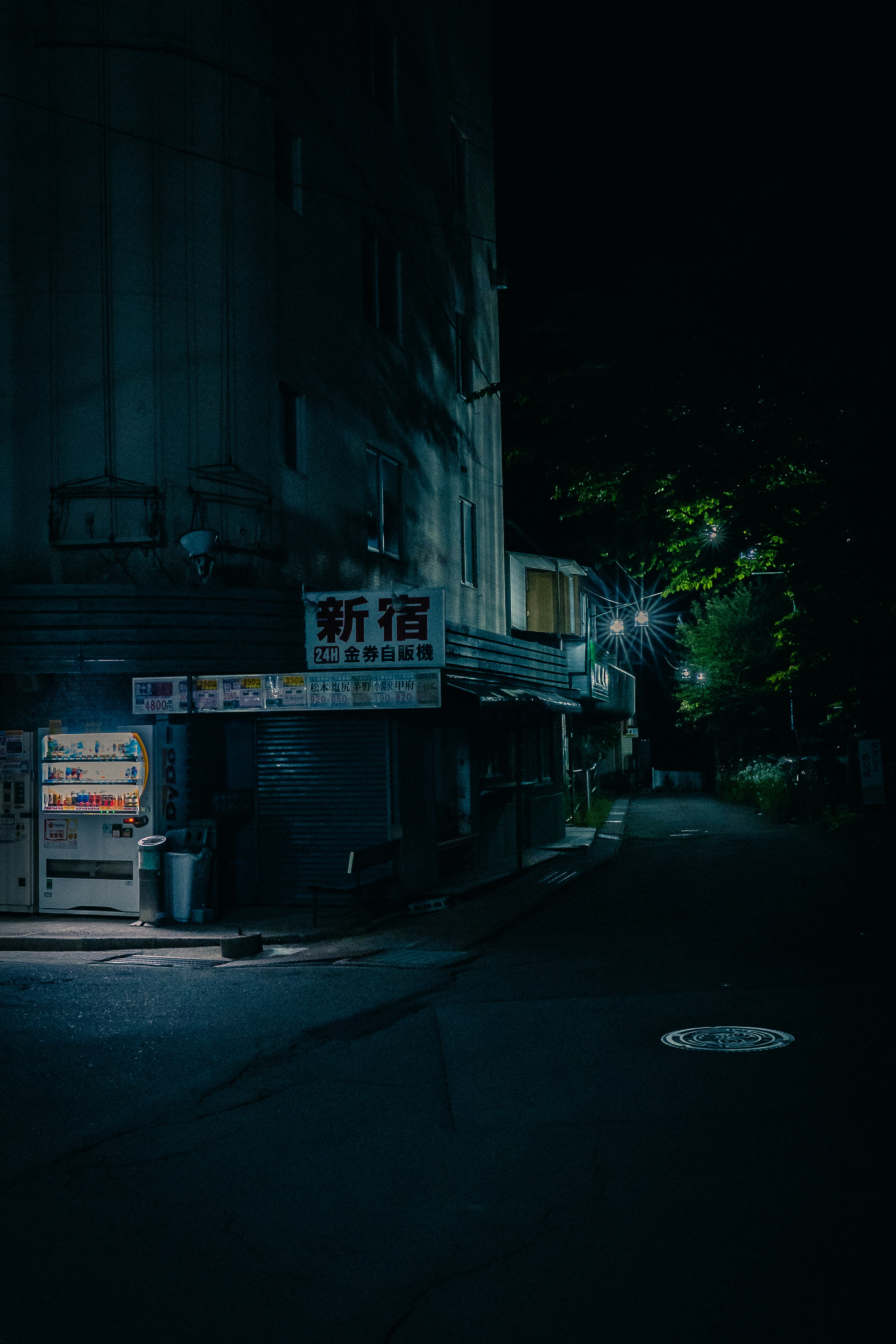 Dimly lit alley with a shop light and green trees