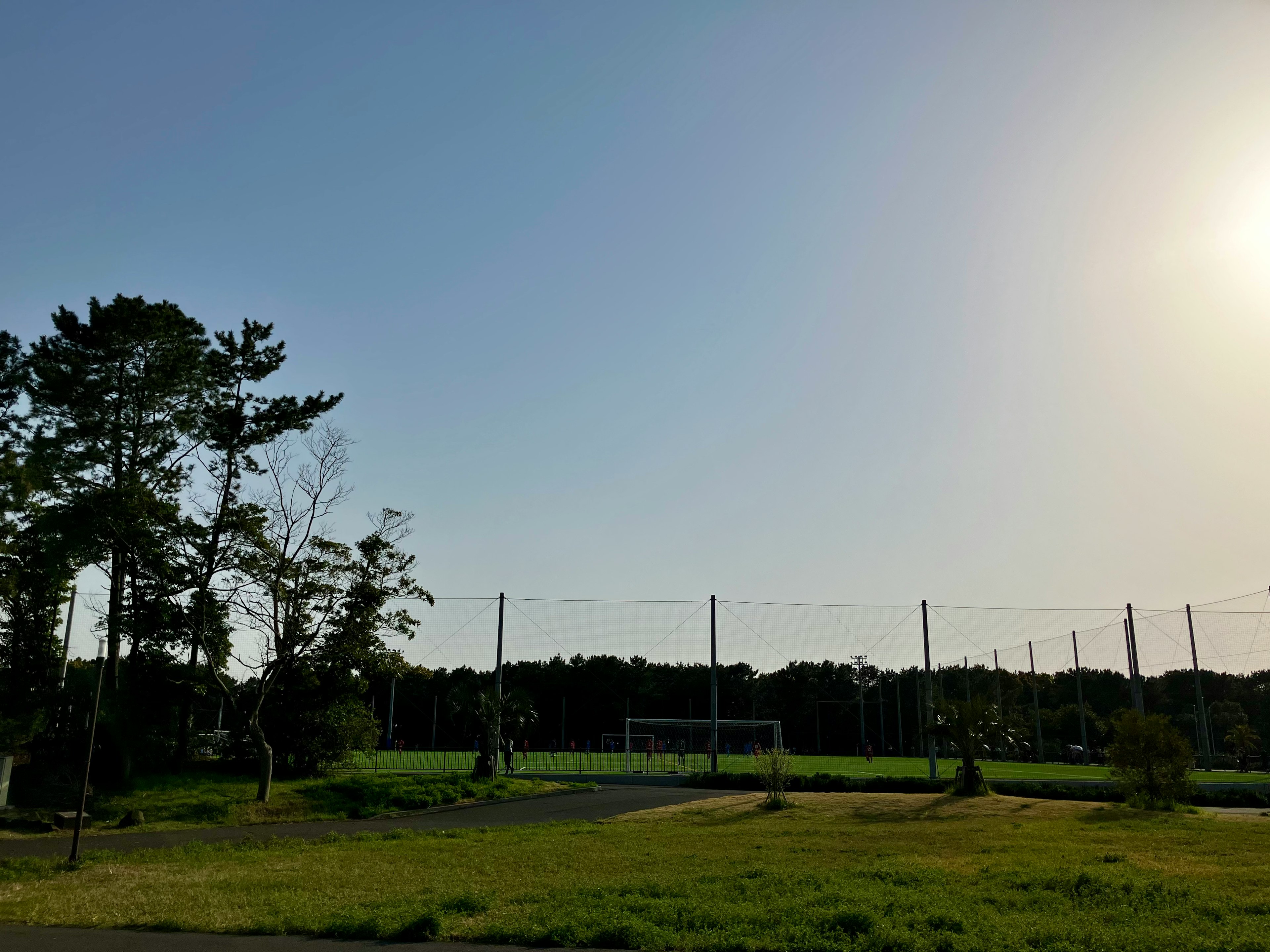 Paysage avec un terrain de soccer et des arbres sous un ciel bleu clair