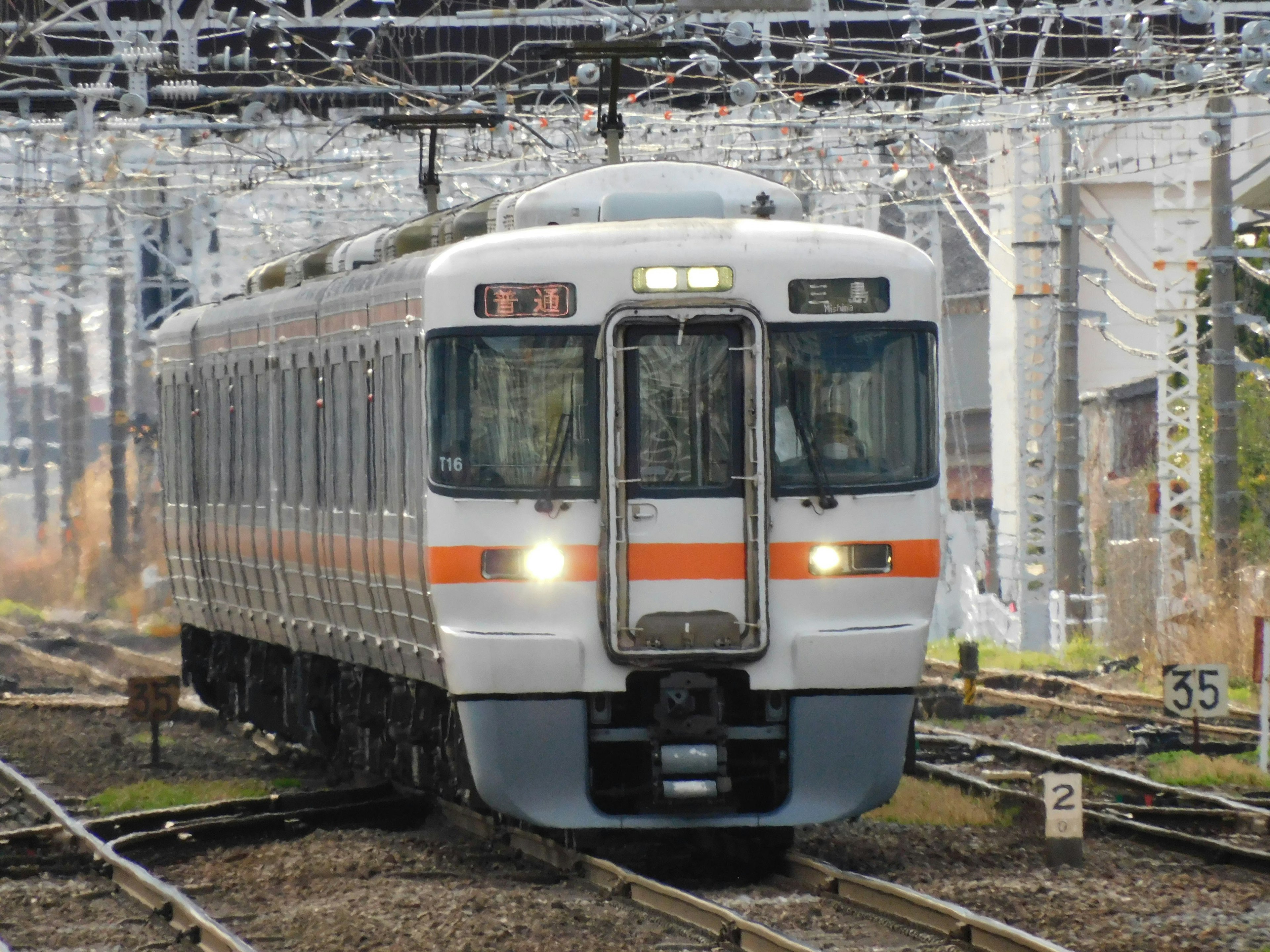 オレンジのストライプがある白い電車が線路を走る