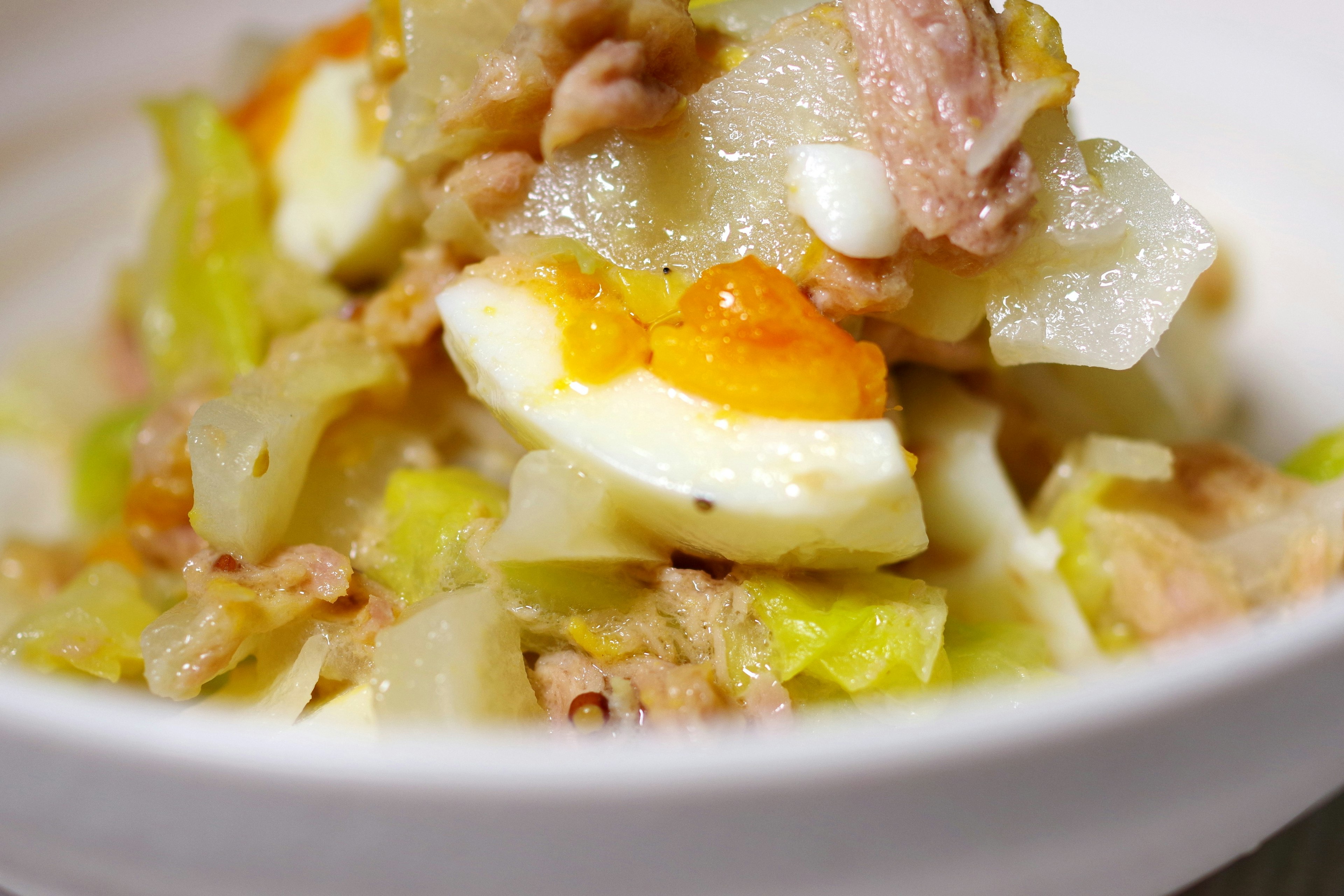 Ensalada de repollo con huevos y cerdo