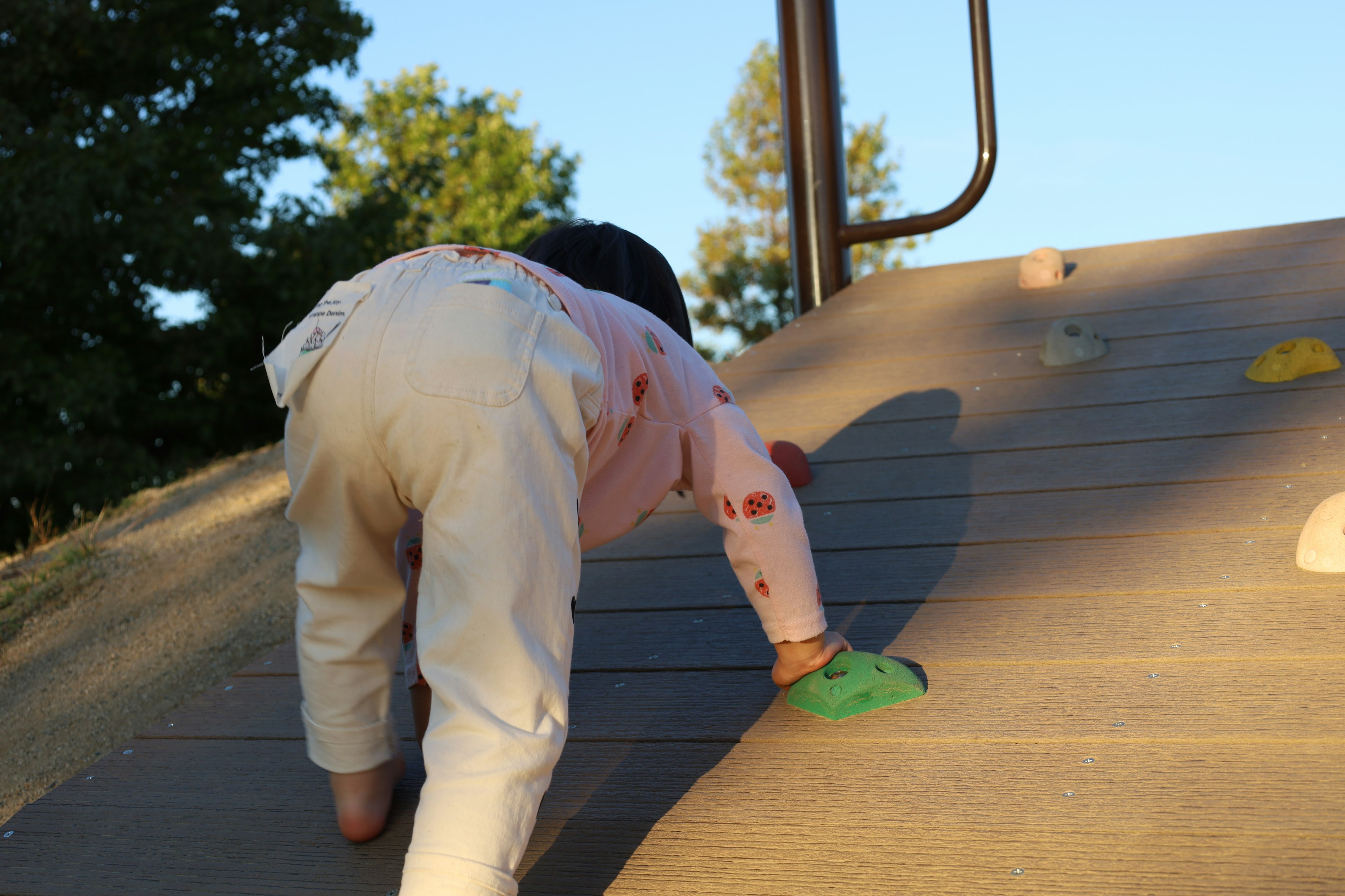 Child climbing a slide using green holds in a playground