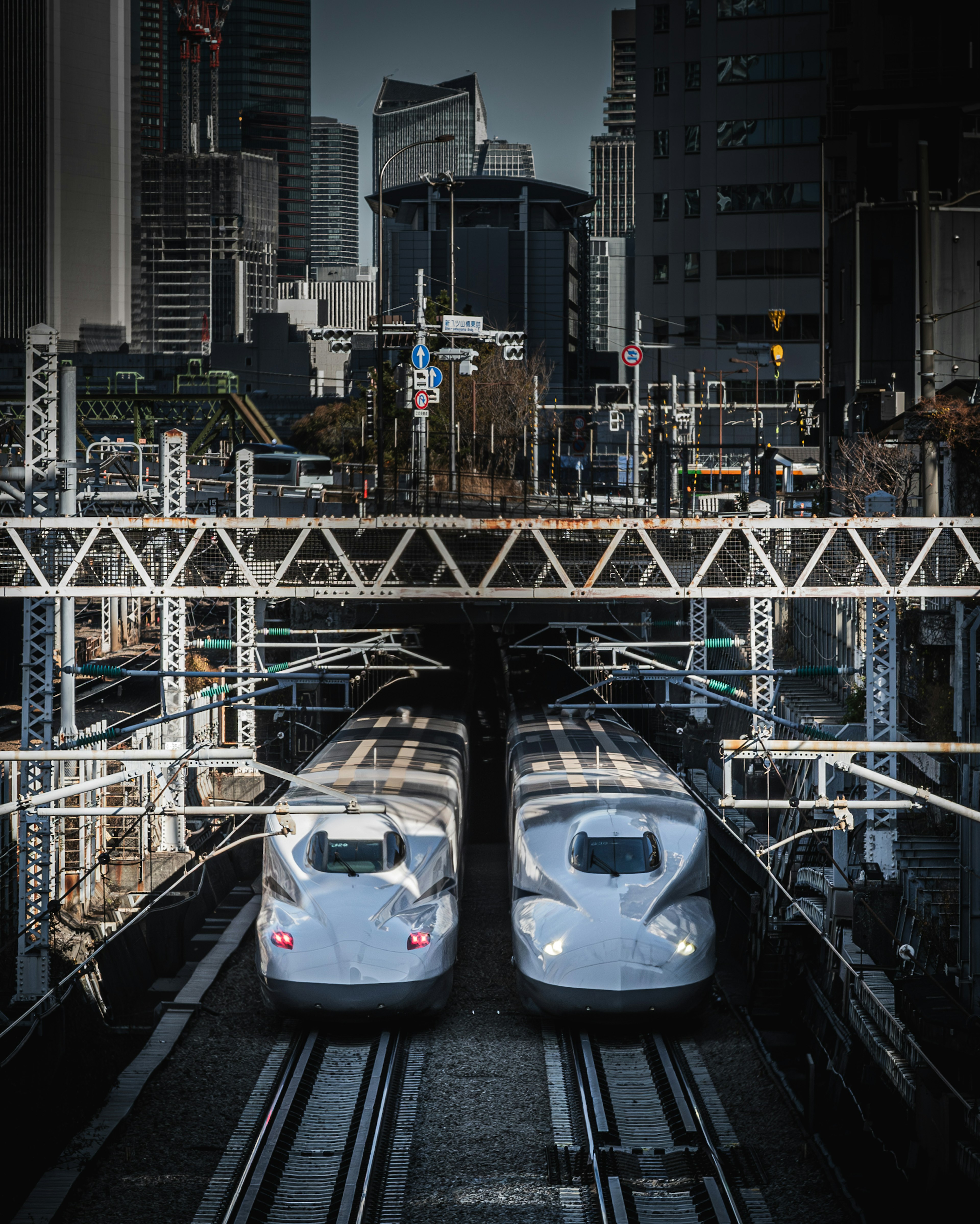 Two trains on elevated tracks with skyscrapers in the background