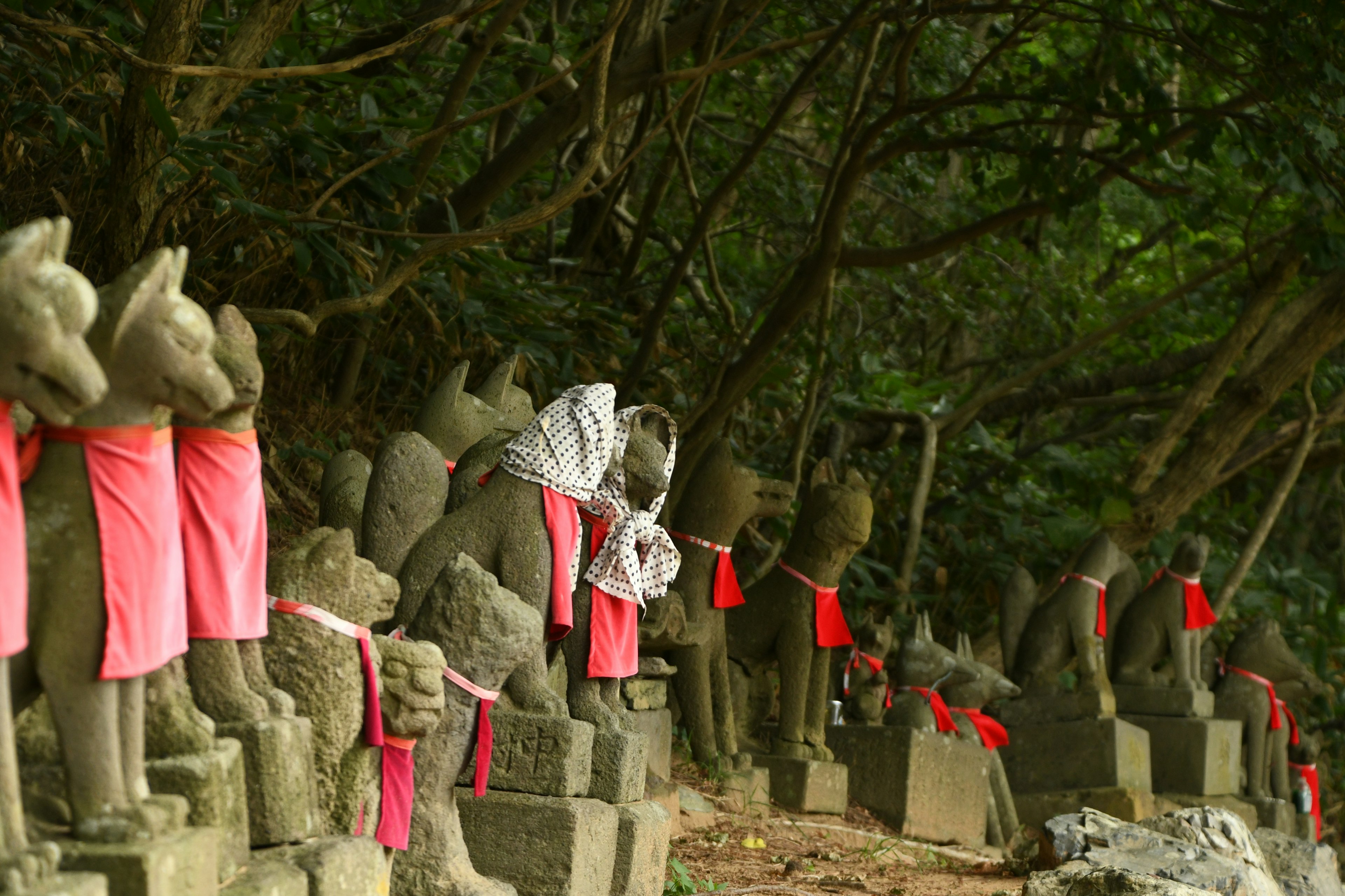 Una fila di statue di pietra coperte di tessuto rosso in un ambiente sacro