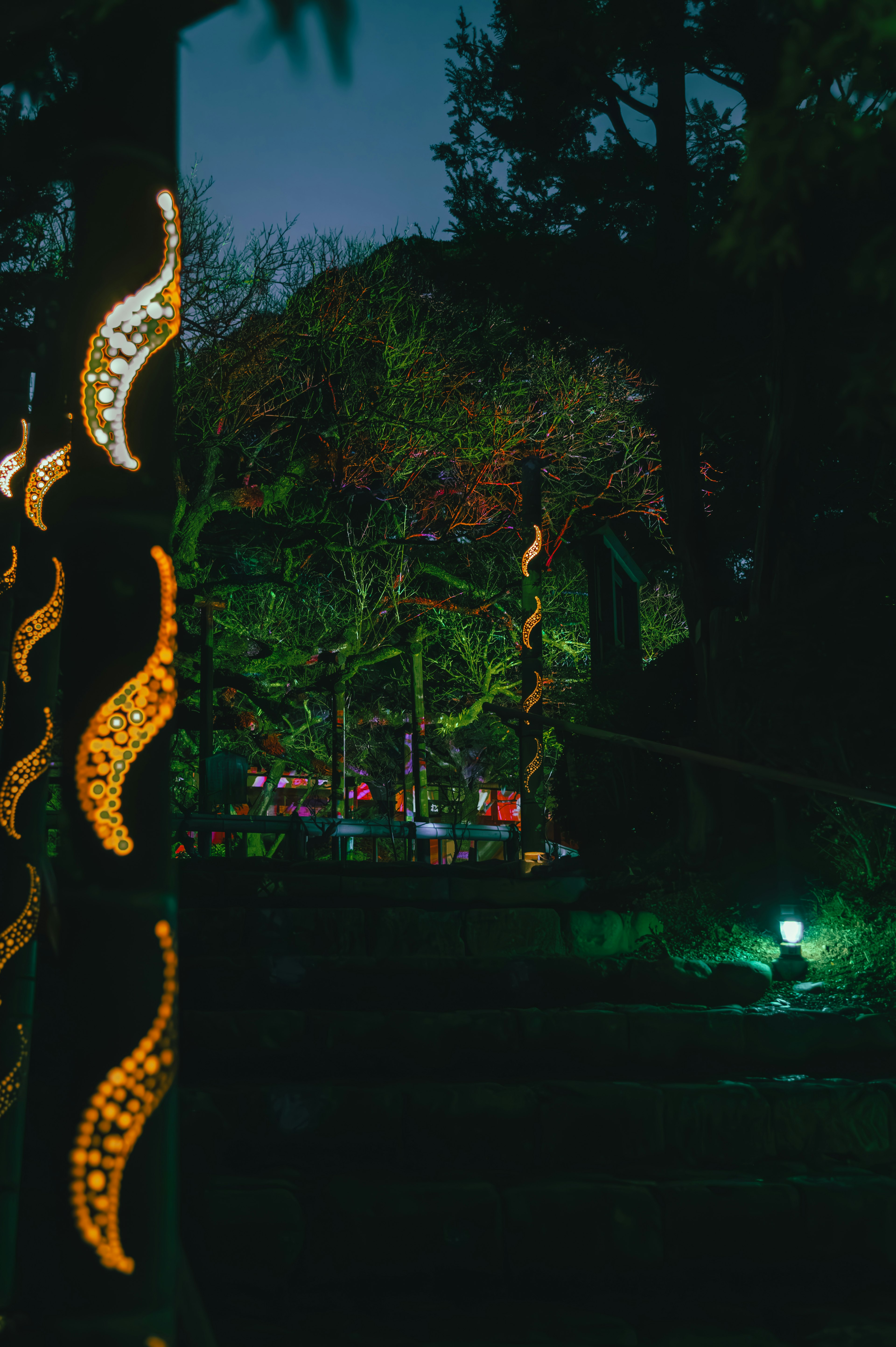 Illuminated decorative elements and green trees in a night garden