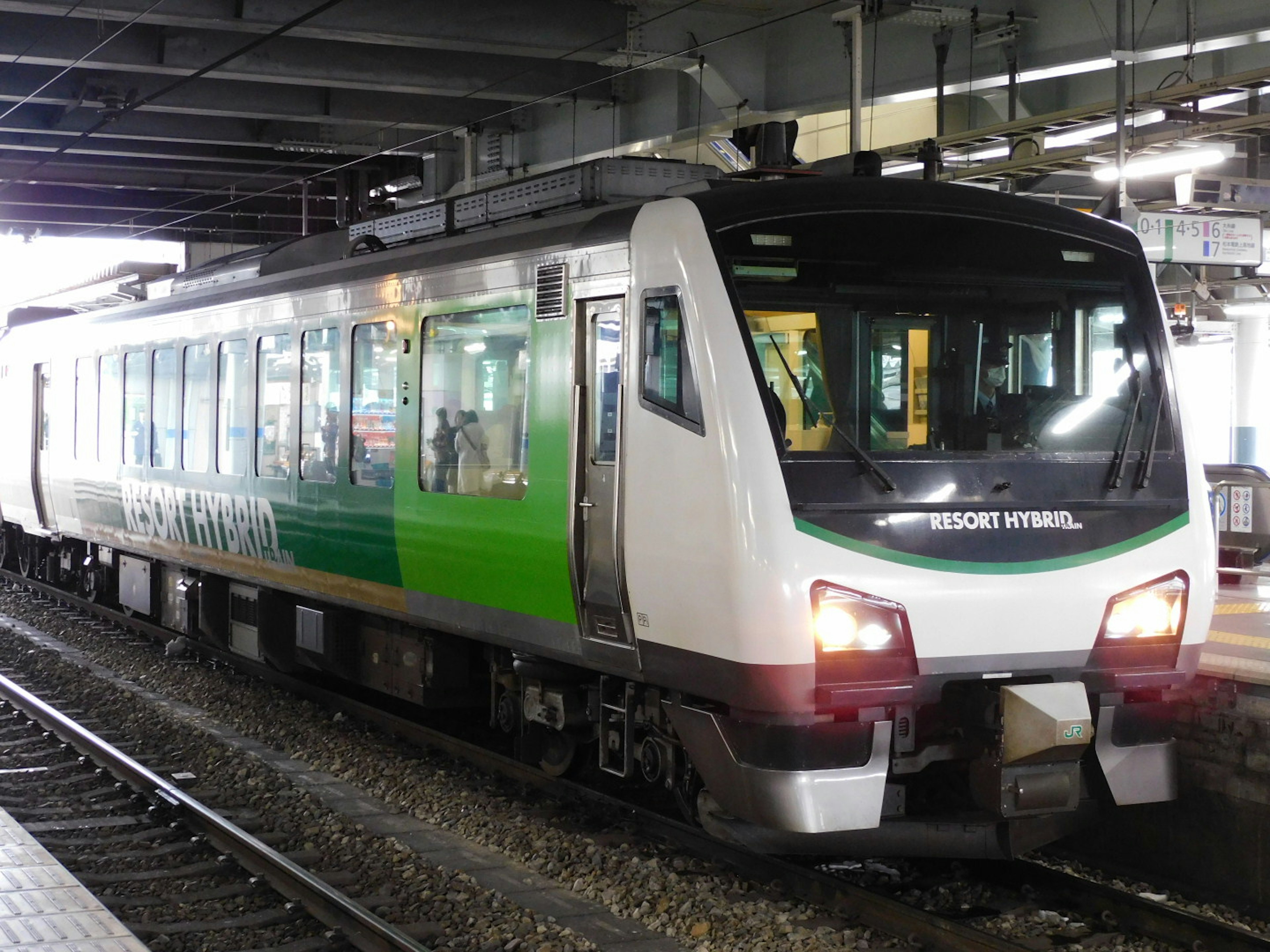 緑と白のデザインの列車が駅に停車している