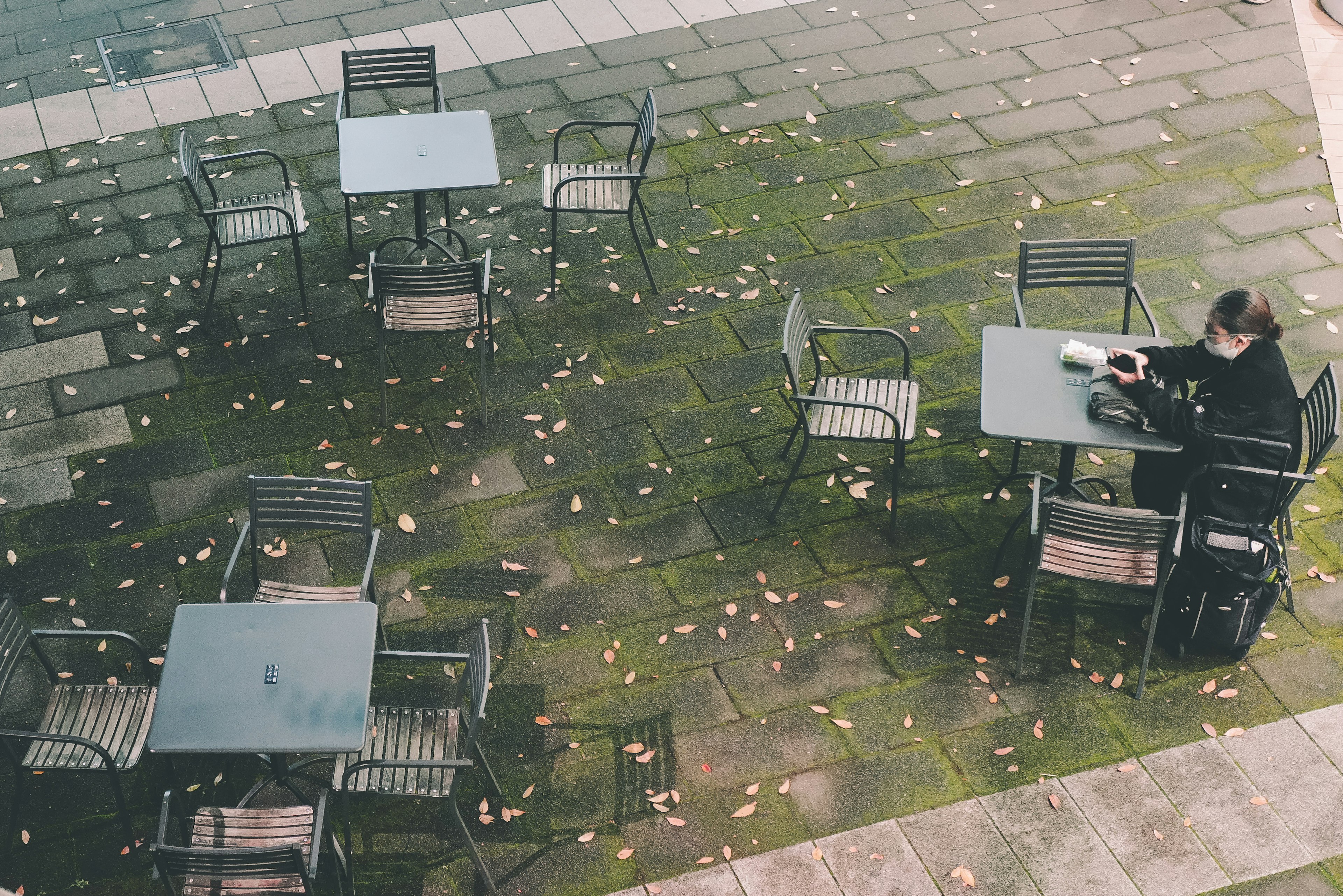 An outdoor scene with tables and chairs on moss-covered stone pavement A person reading a book at a table