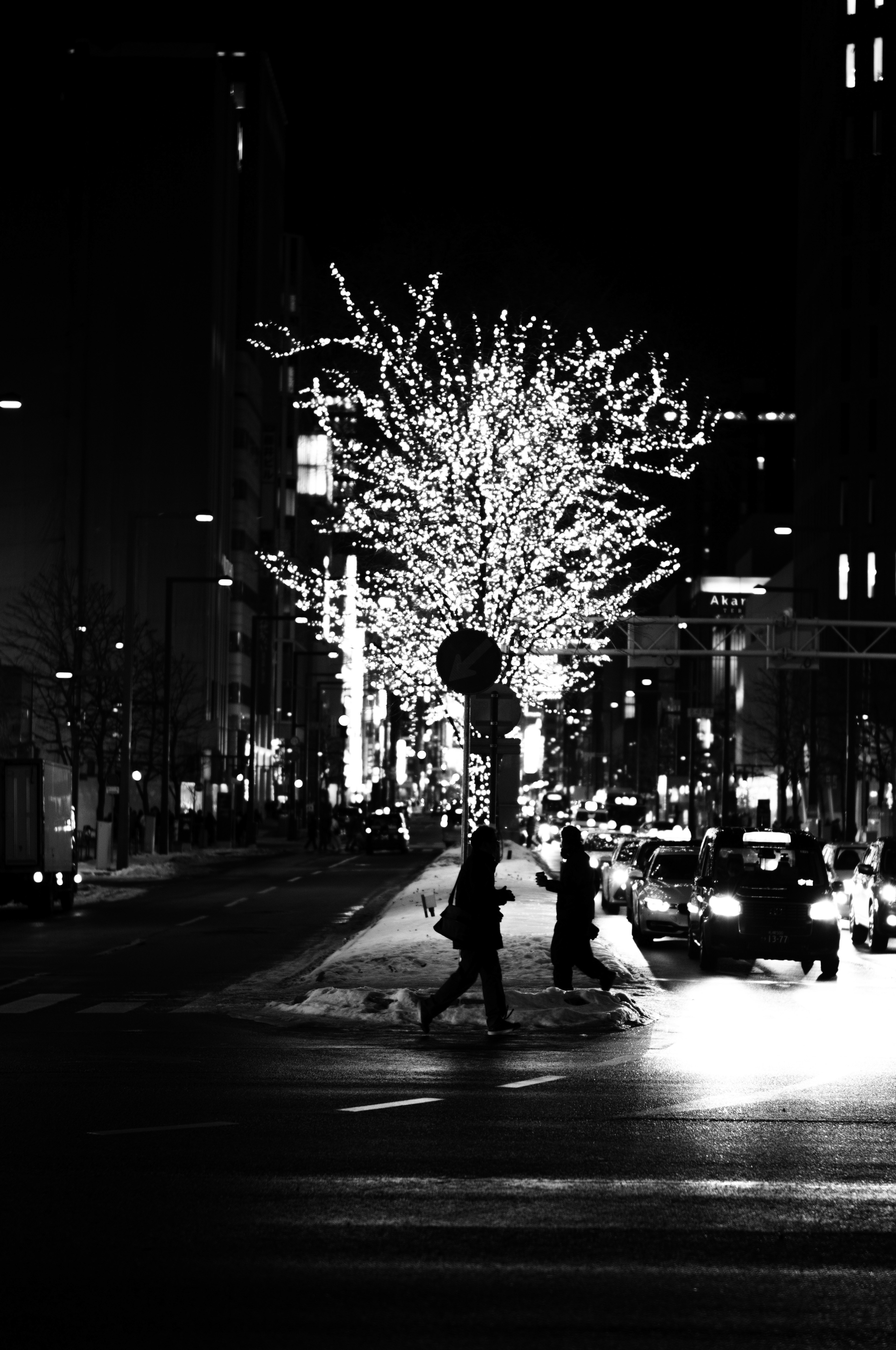 Beleuchteter Baum in einer Stadt bei Nacht mit Fußgängern, die die Straße überqueren