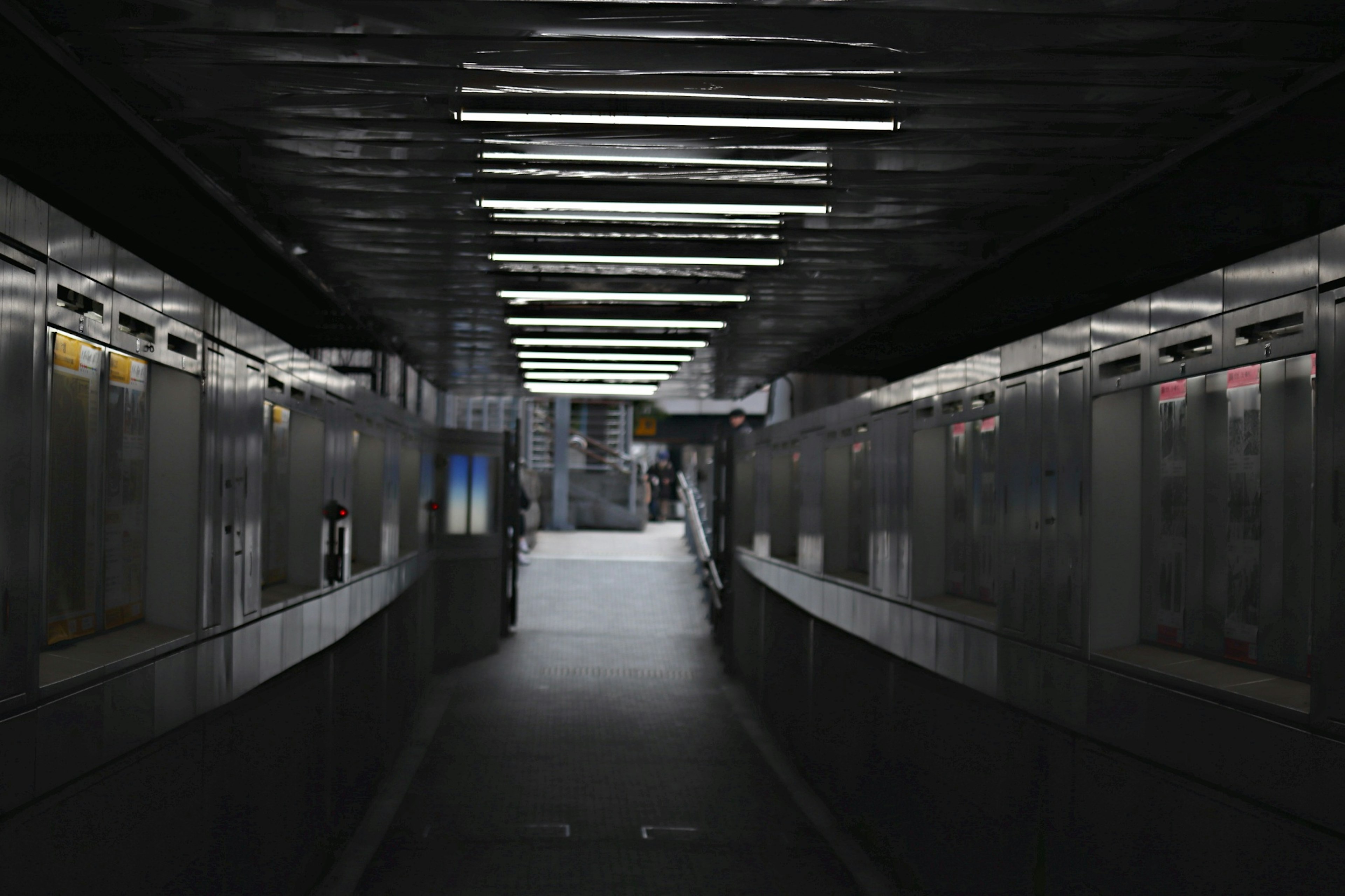 Interior of a dark tunnel featuring glowing fluorescent lights and wall details