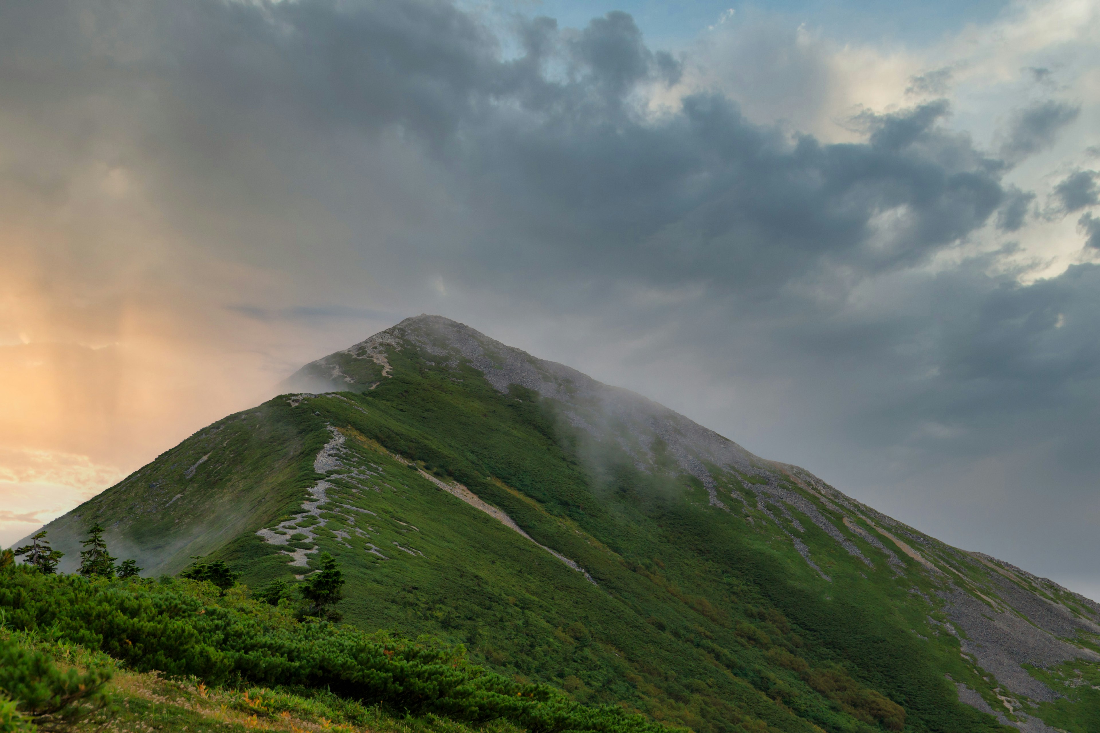 Nebelbedeckte grüne Berglandschaft mit sanftem Licht