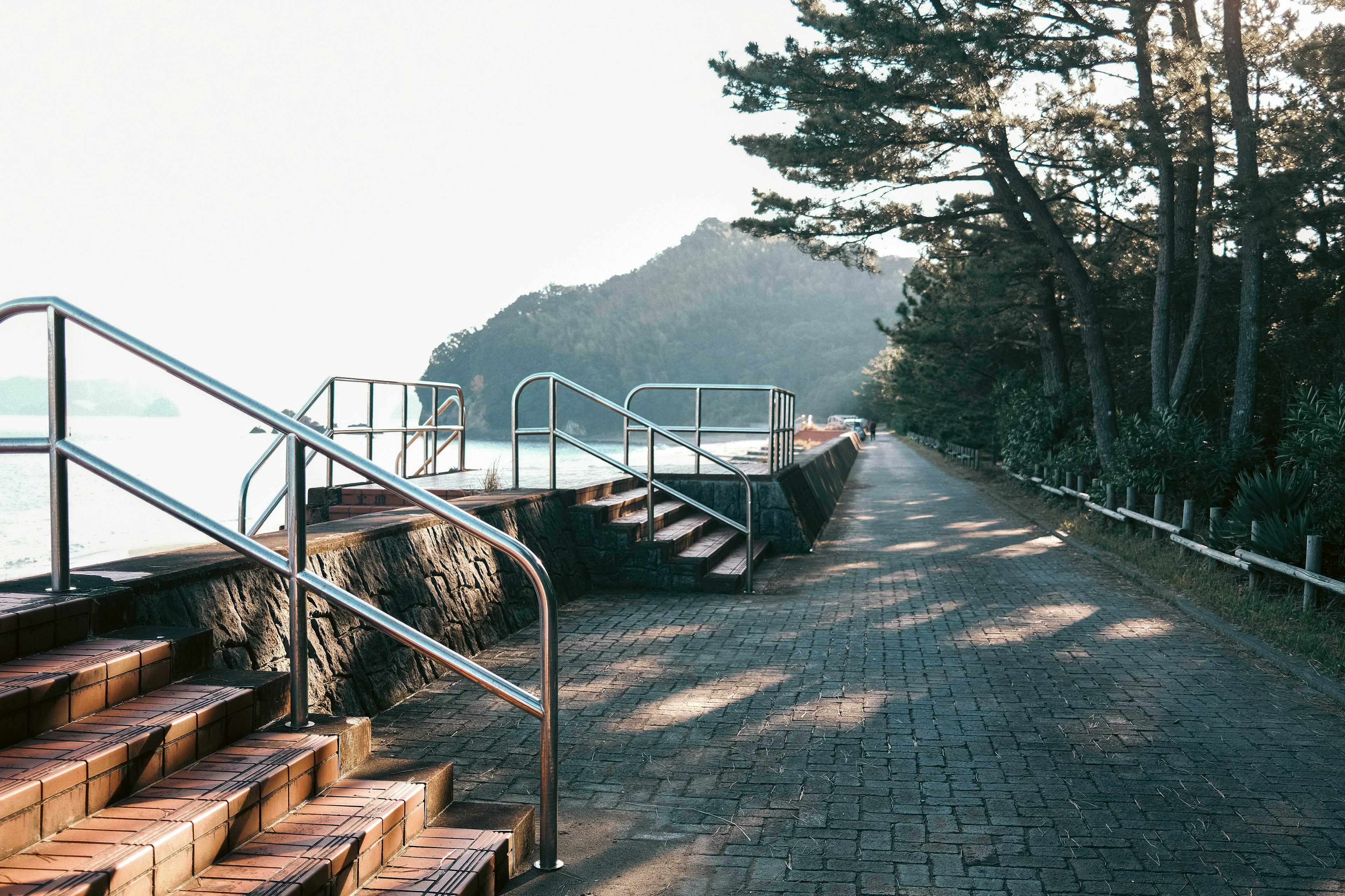 沿海的木甲板和樓梯，背景是綠色樹木和山脈