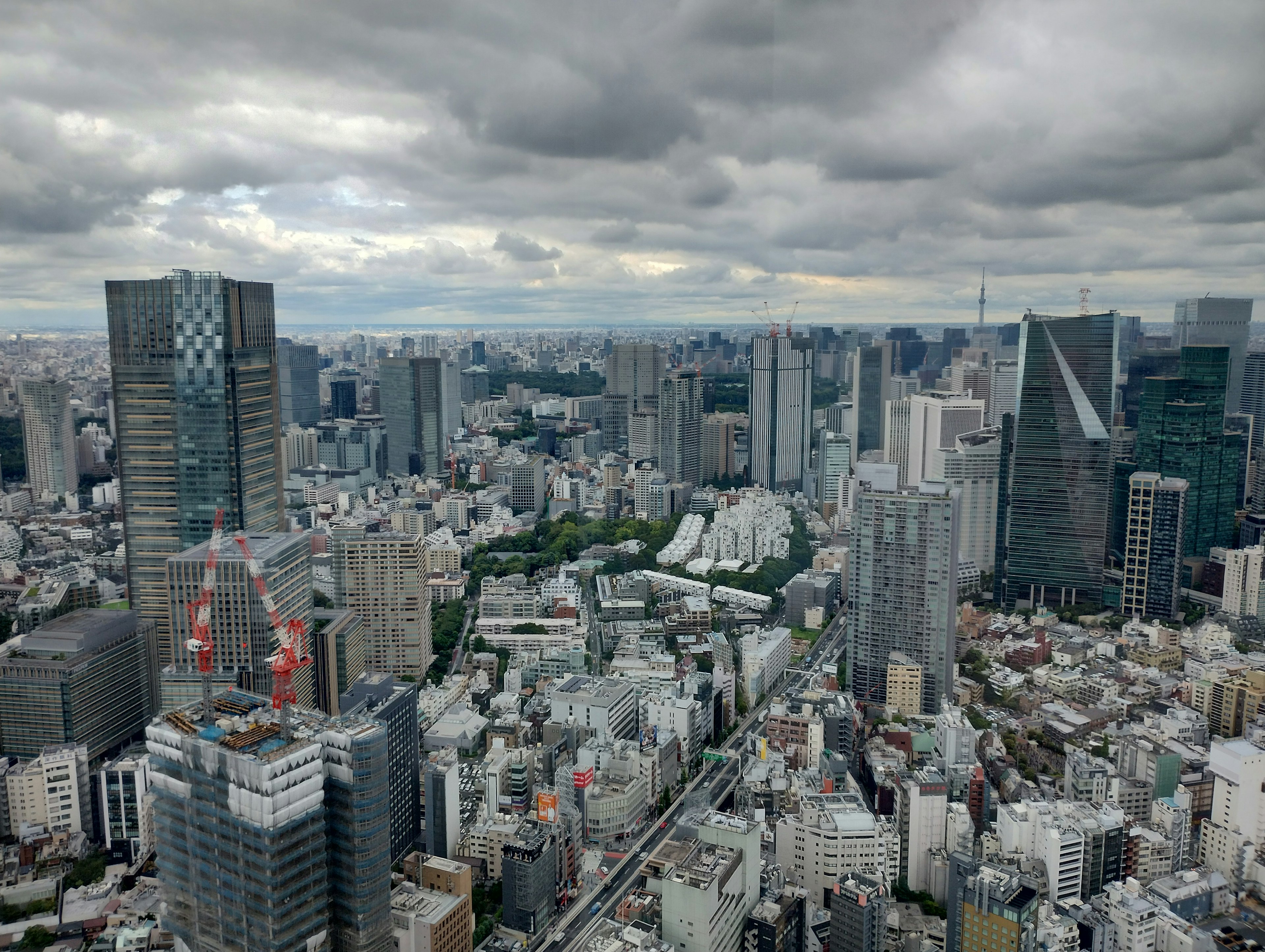 Aerial view of a city skyline featuring skyscrapers and cloudy skies with visible green areas