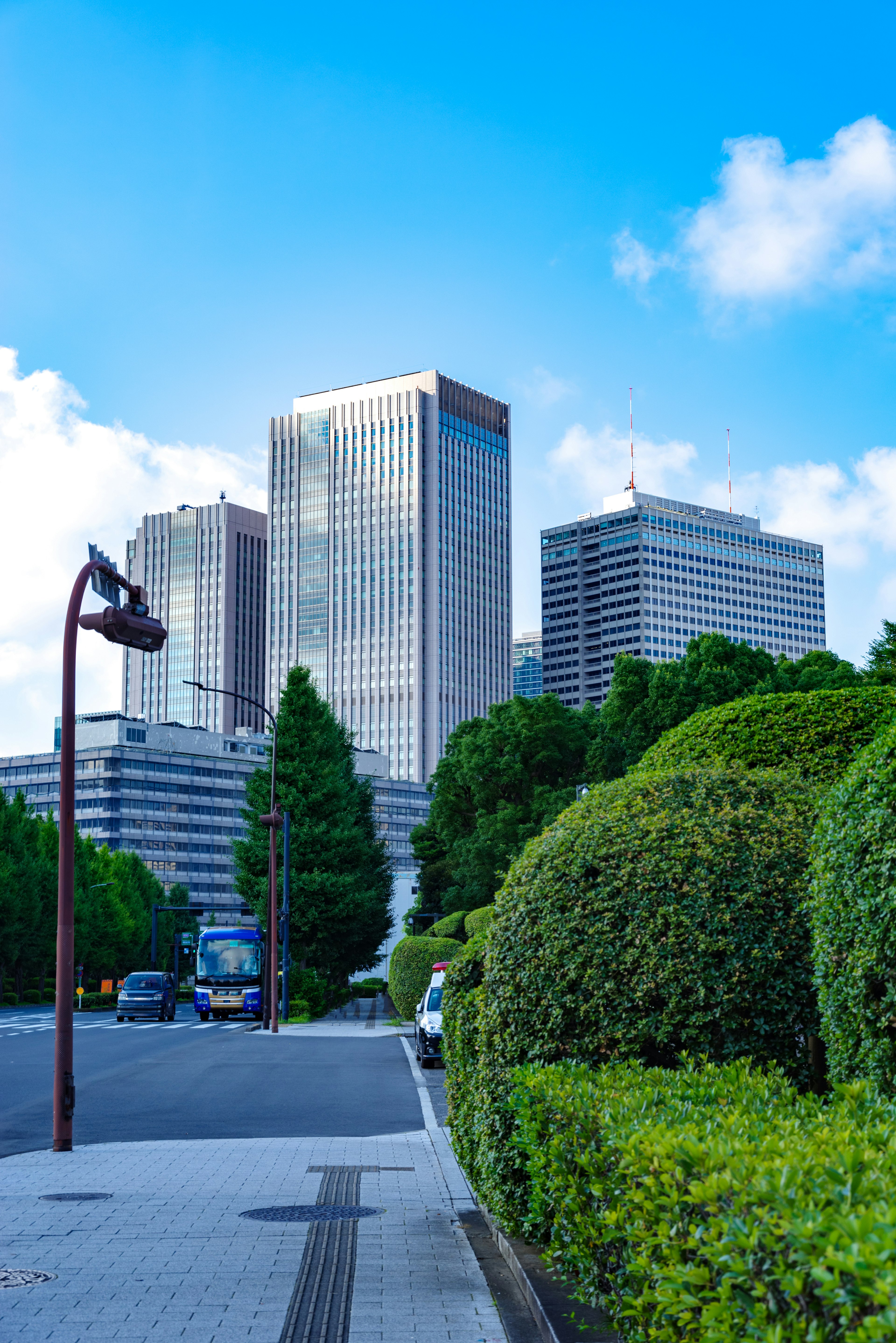 Cityscape featuring tall buildings and lush greenery