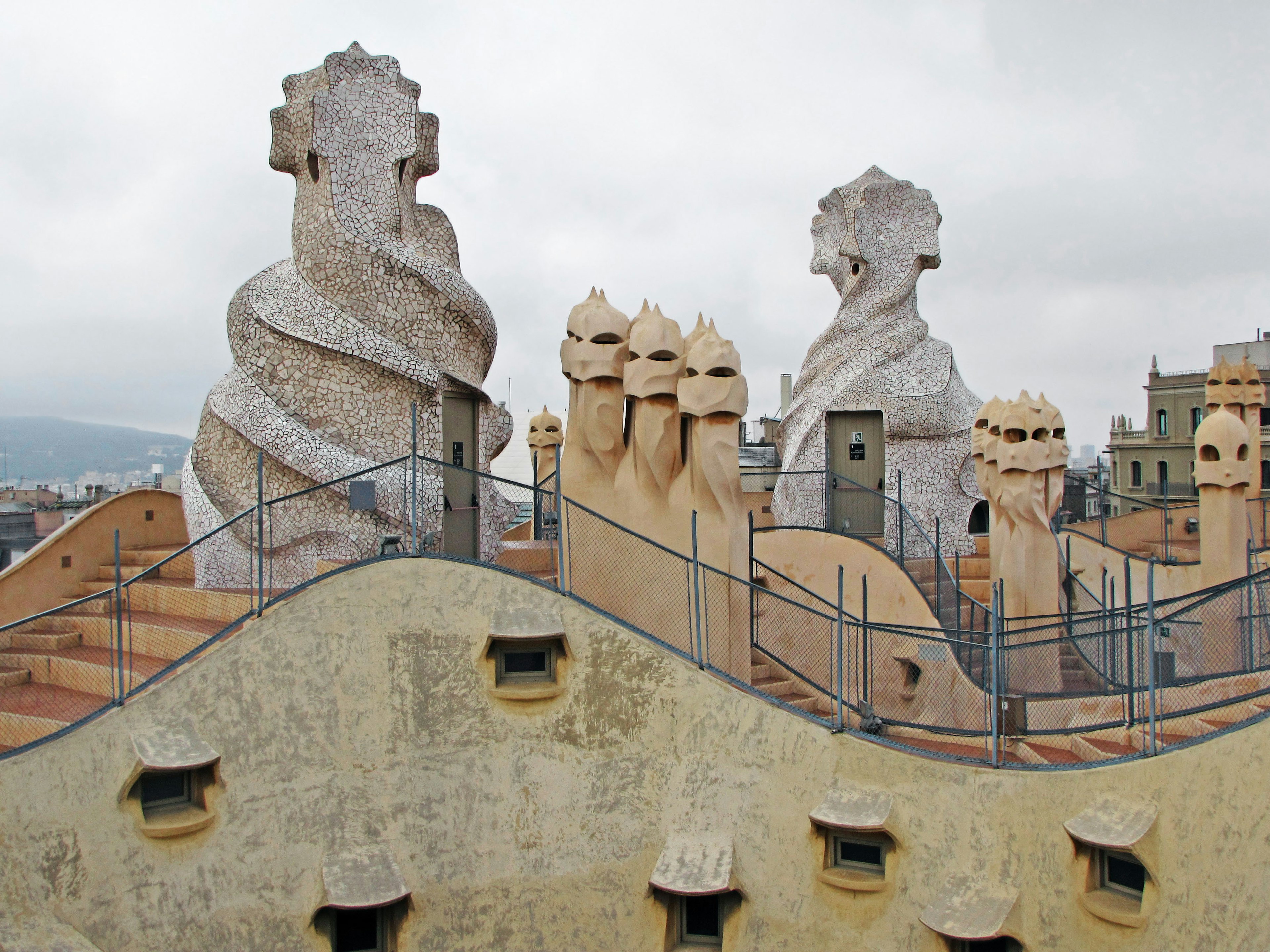 Unique rooftop of Casa Milà featuring sculptural chimneys