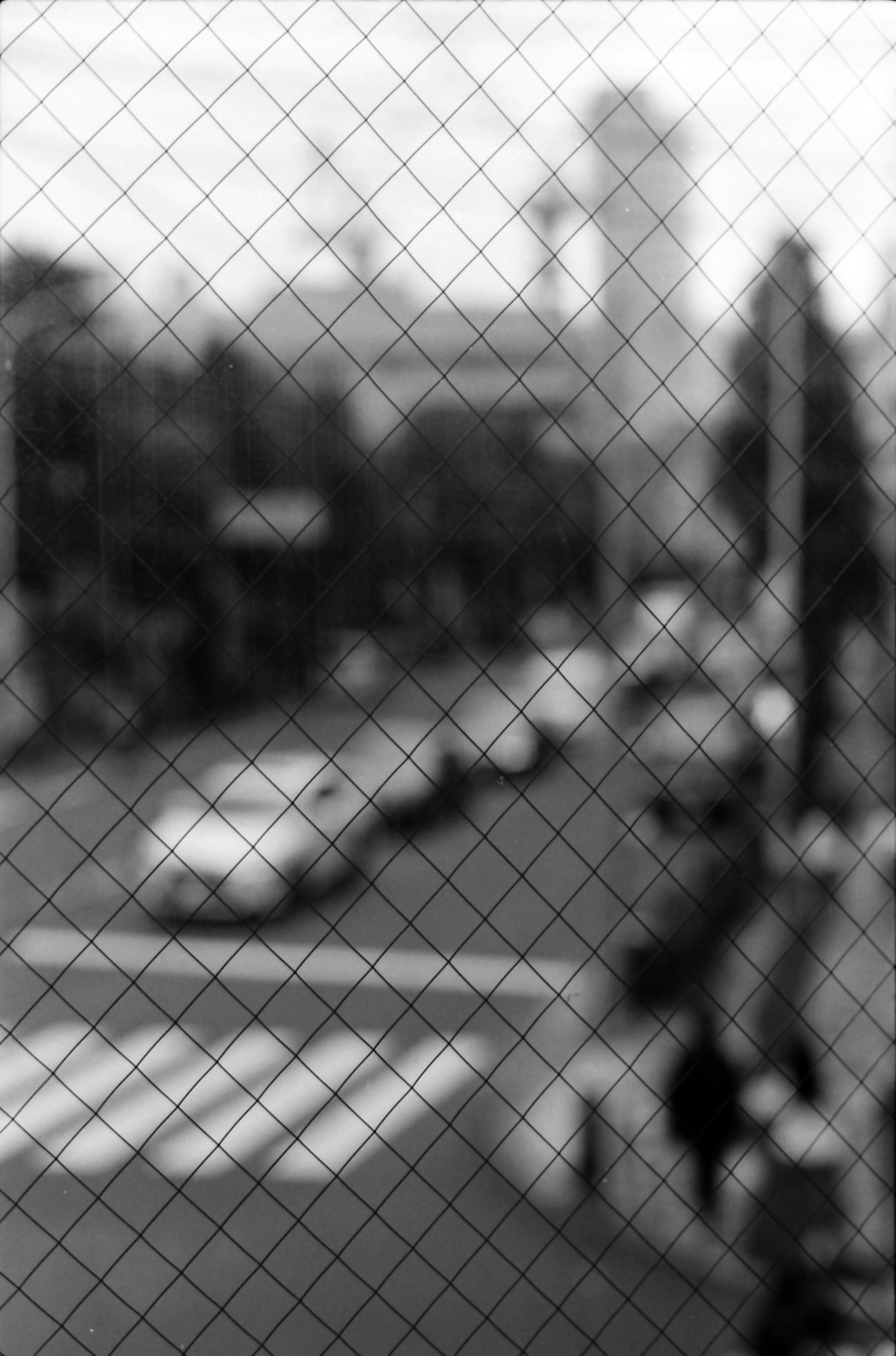 Blurred cityscape viewed through a mesh fence