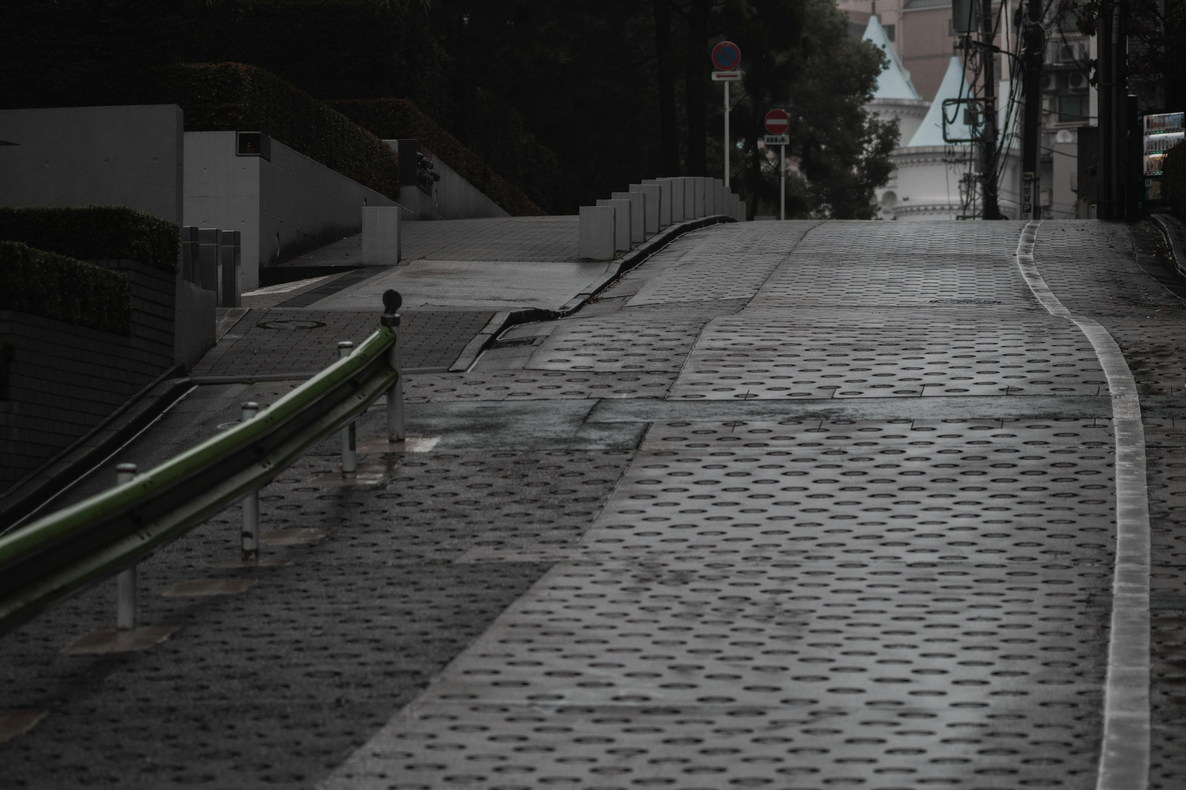 Wet cobblestone slope with a green railing and blurred background