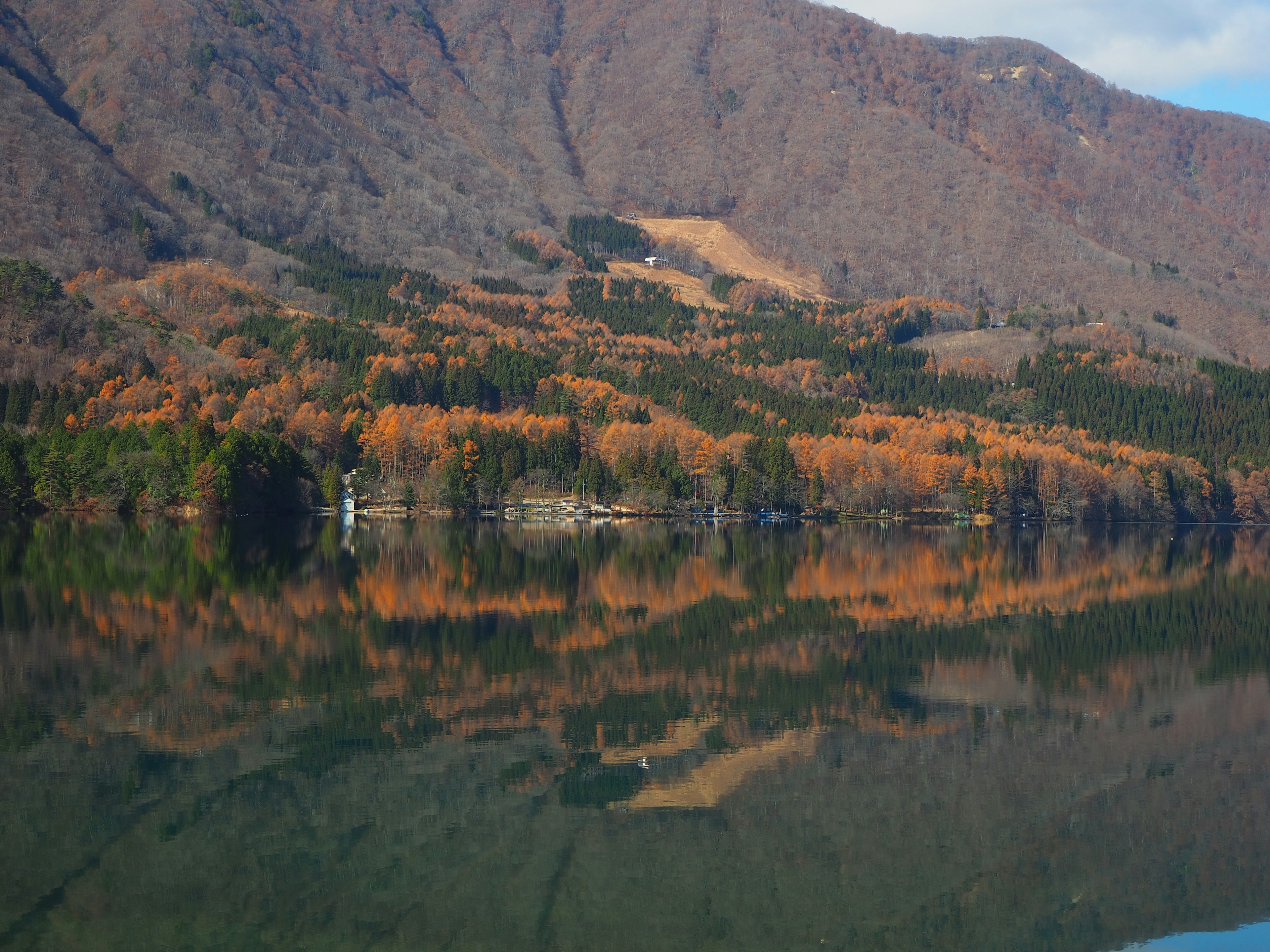 Paesaggio montano pittoresco con fogliame autunnale che si riflette su un lago calmo