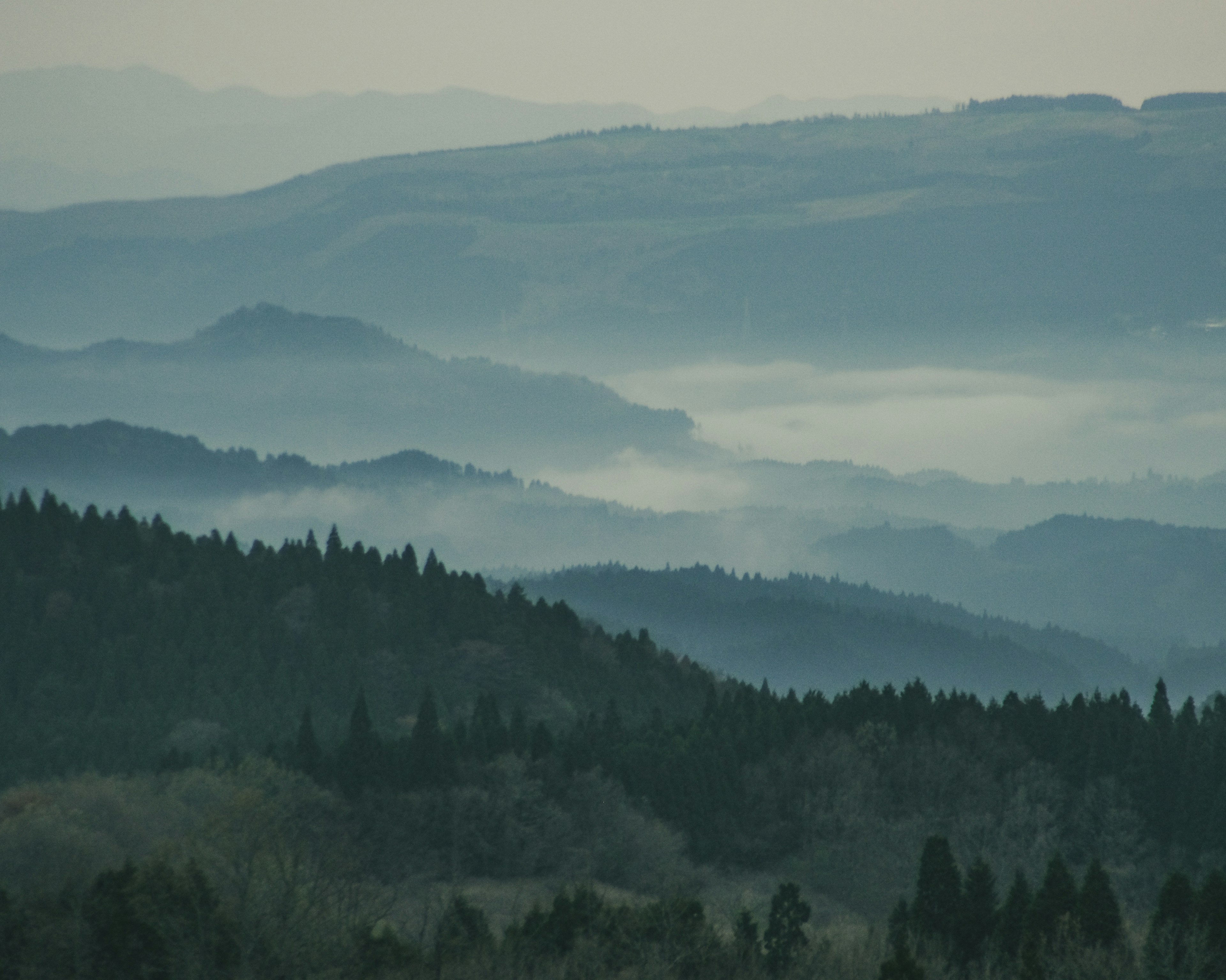 Paysage de montagnes couvertes de brume avec des tons bleutés