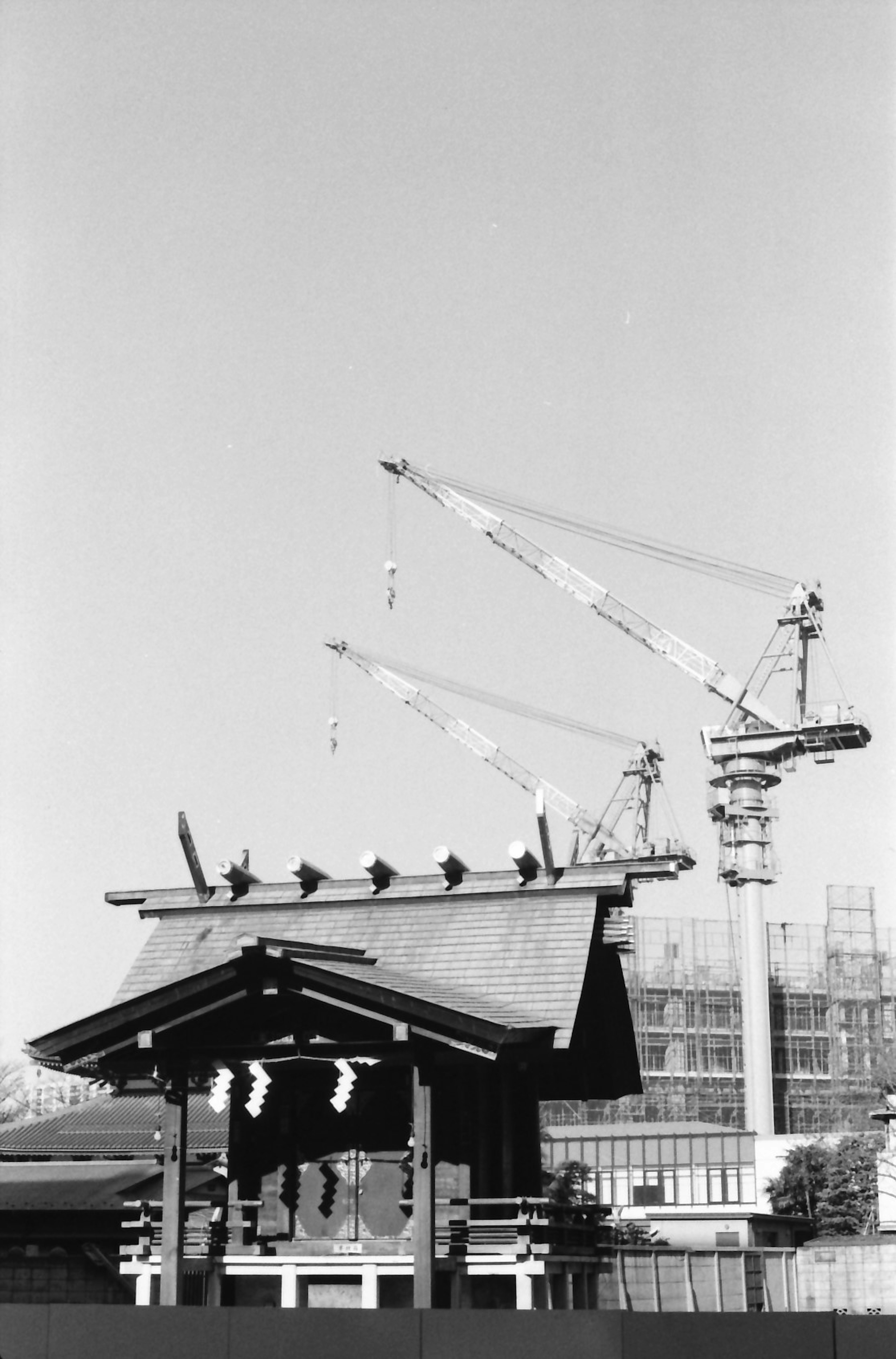 Black and white photo featuring a traditional shrine roof and construction cranes