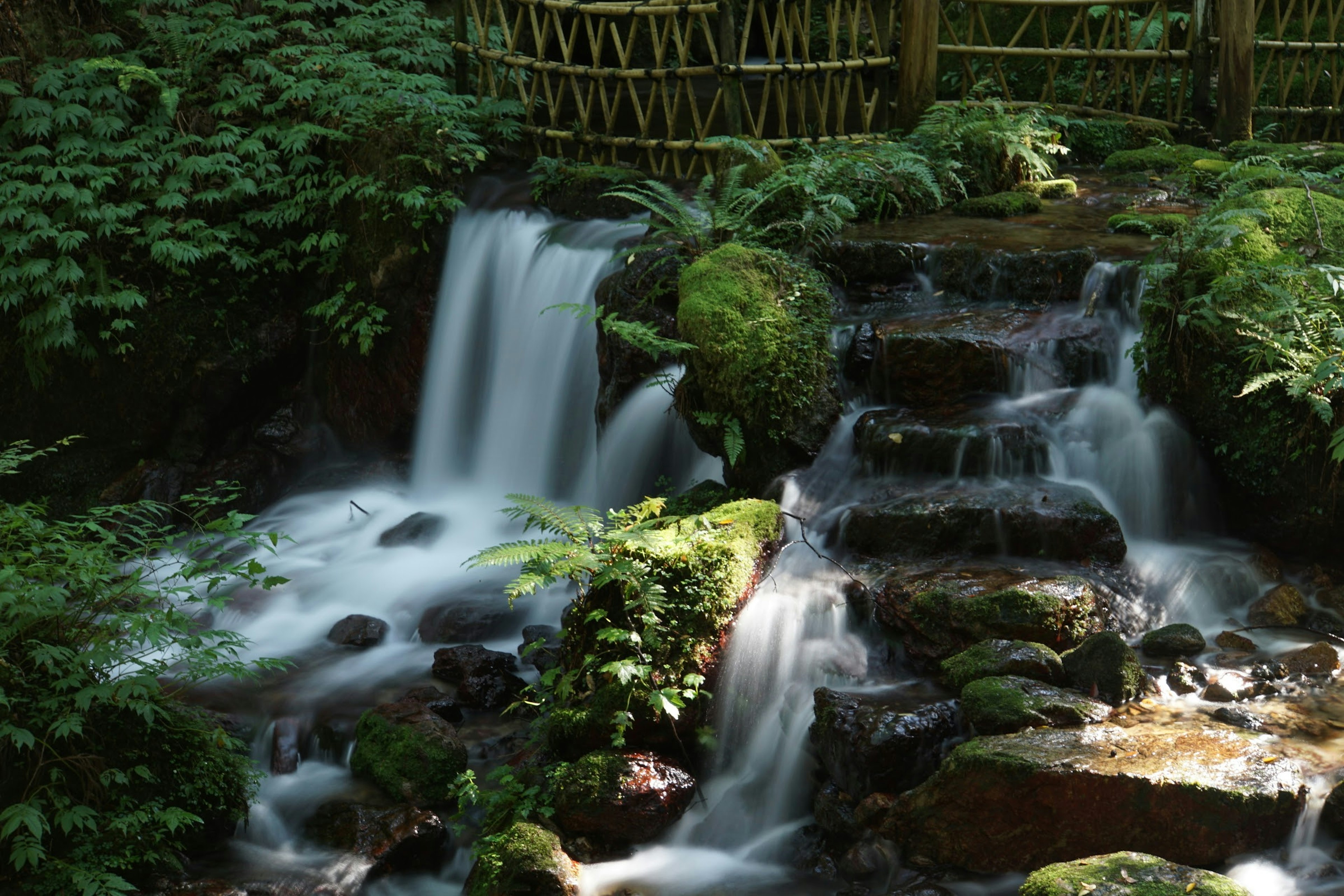 A serene landscape featuring a small waterfall surrounded by lush greenery