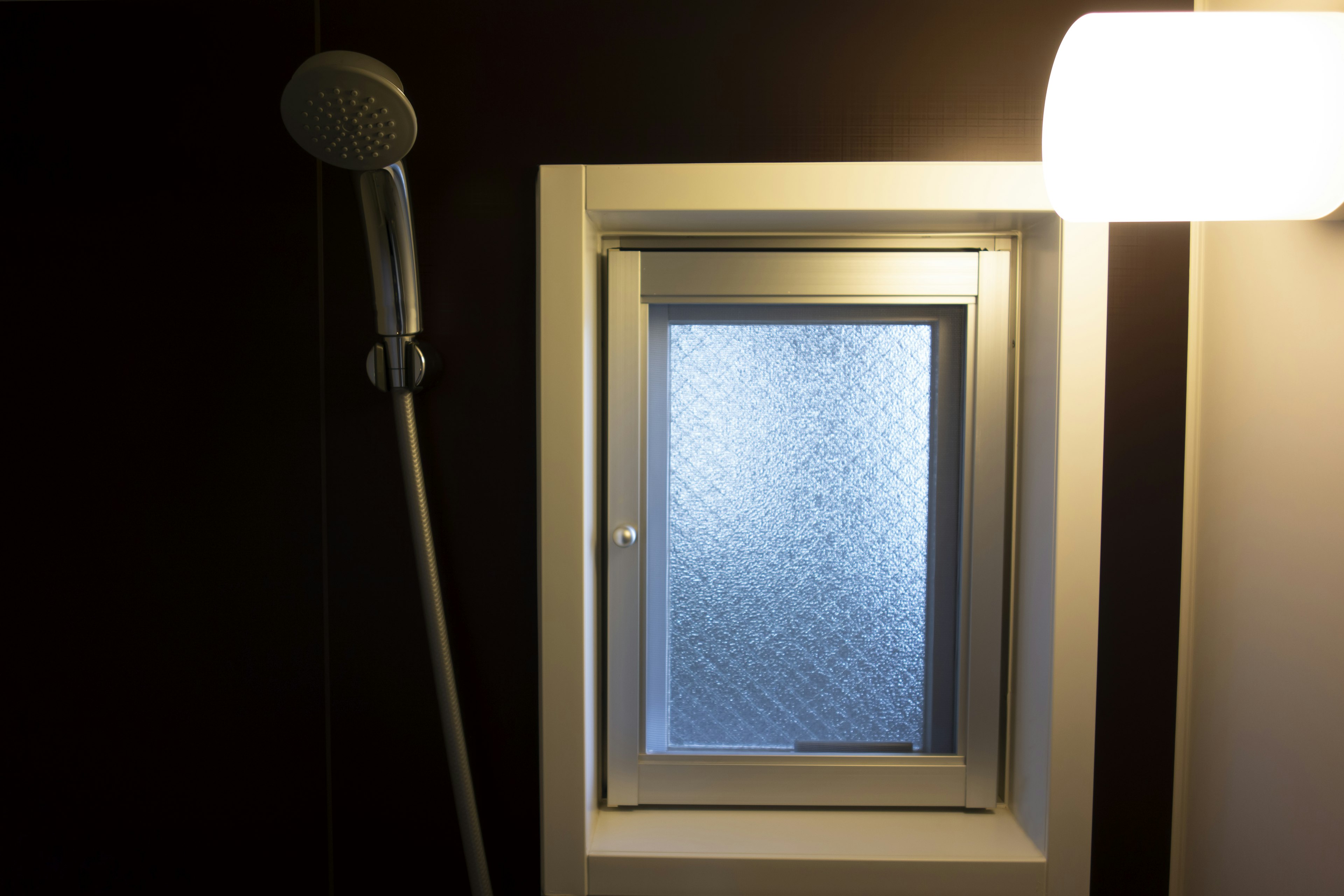 Bathroom corner featuring a showerhead and a small window