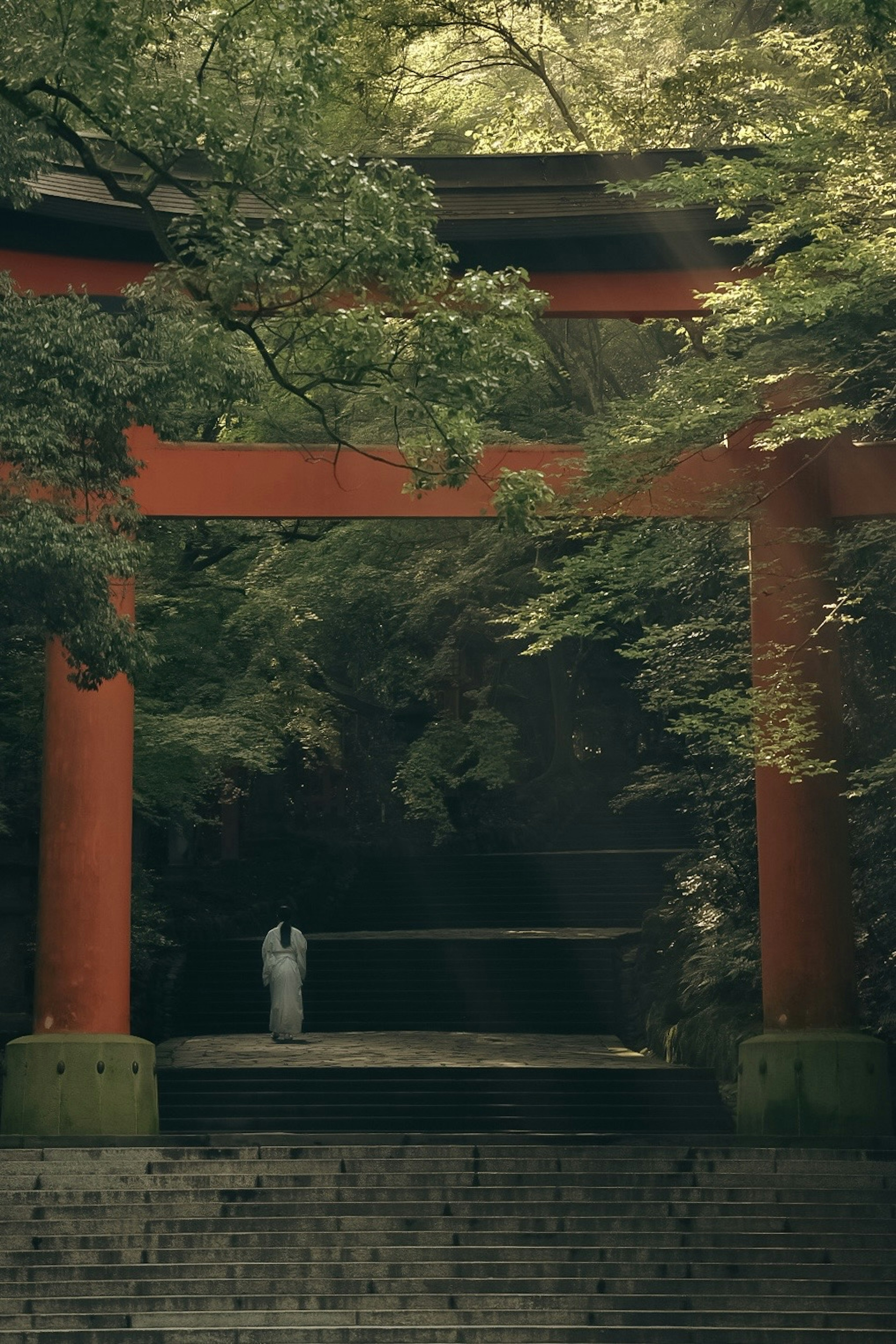 Pemandangan tenang seseorang berdiri di depan gerbang torii merah dikelilingi oleh pepohonan