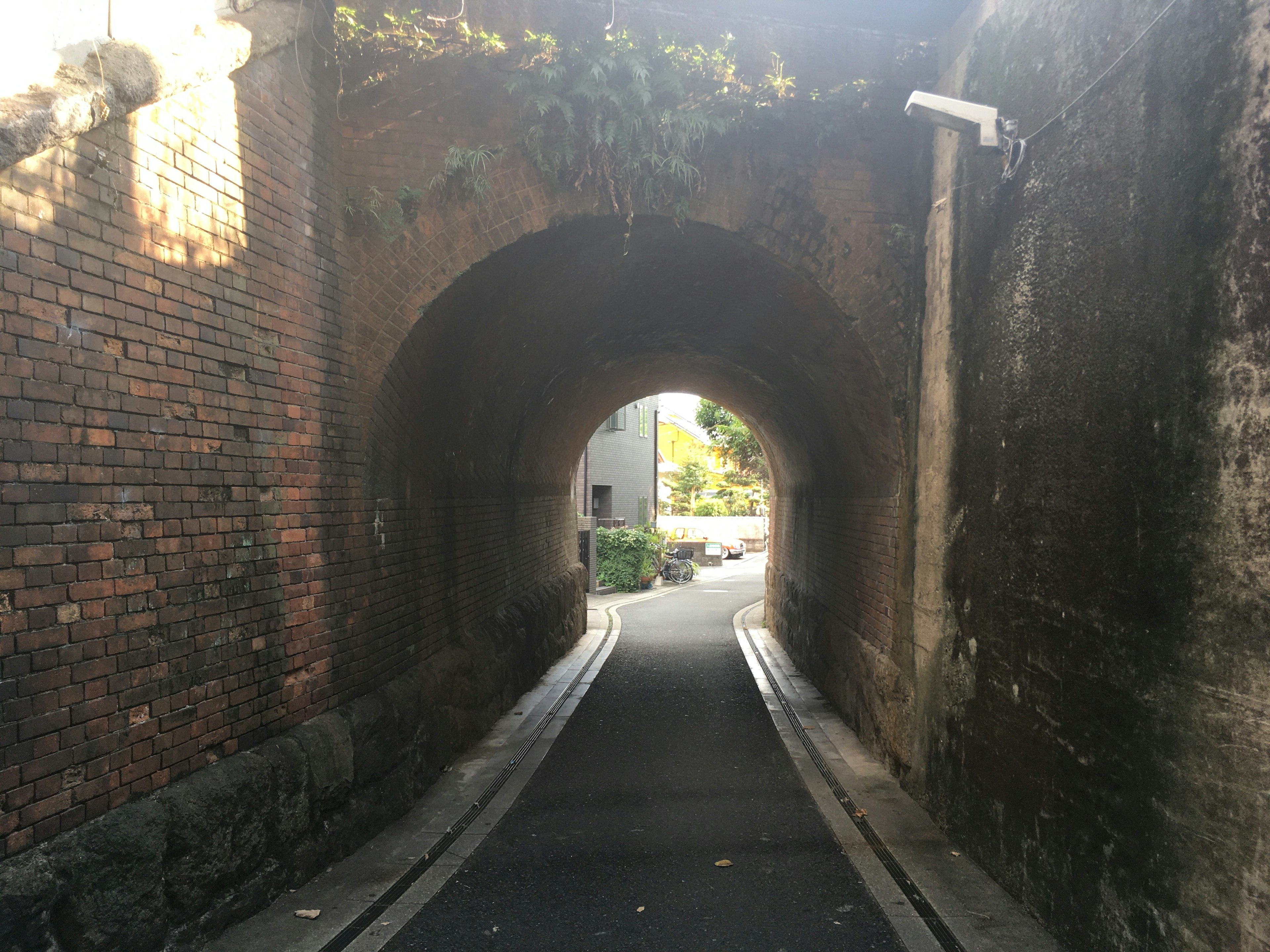 Narrow pathway through an old brick archway with greenery