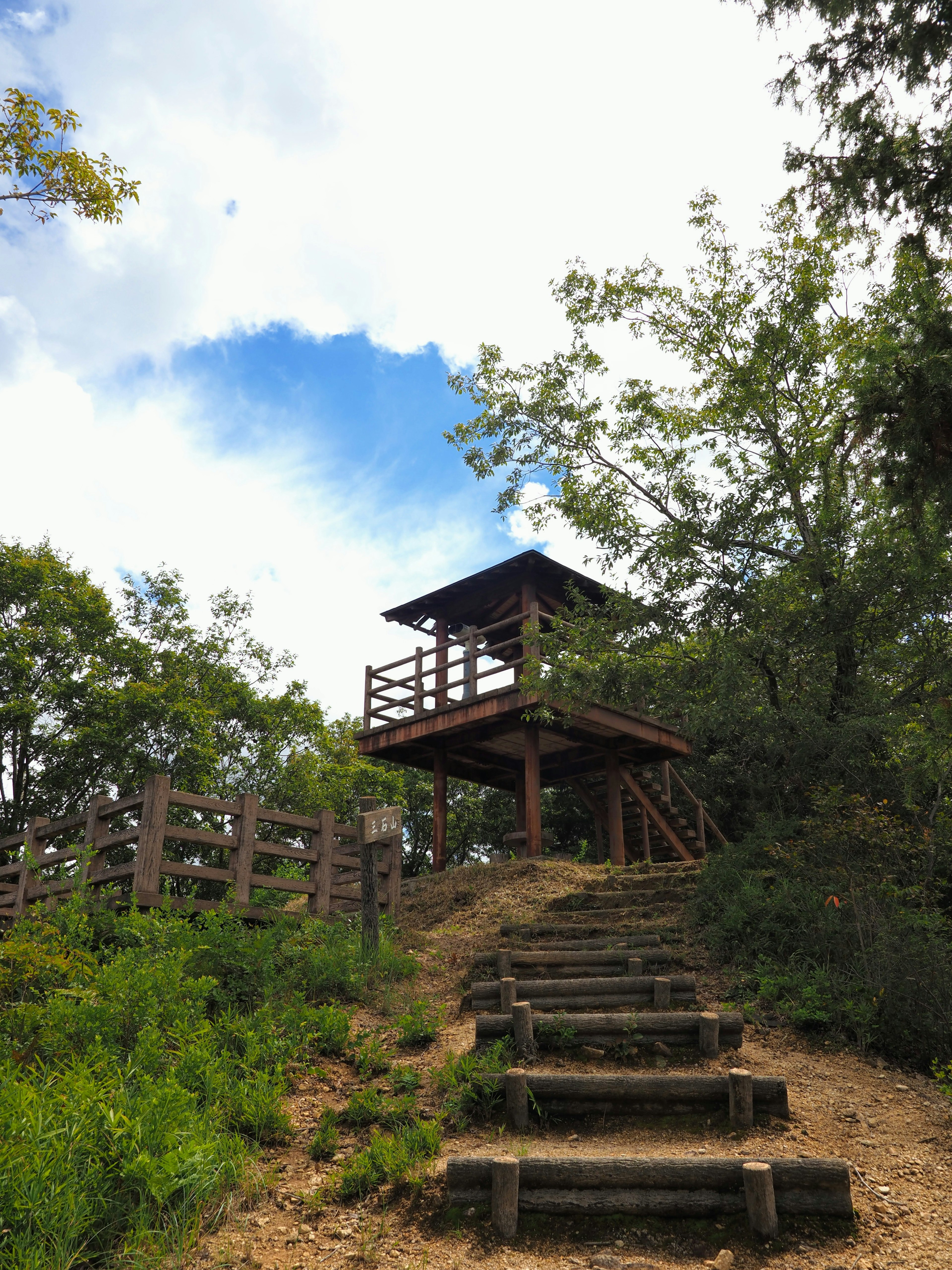 Wooden observation tower with steps leading up surrounded by greenery