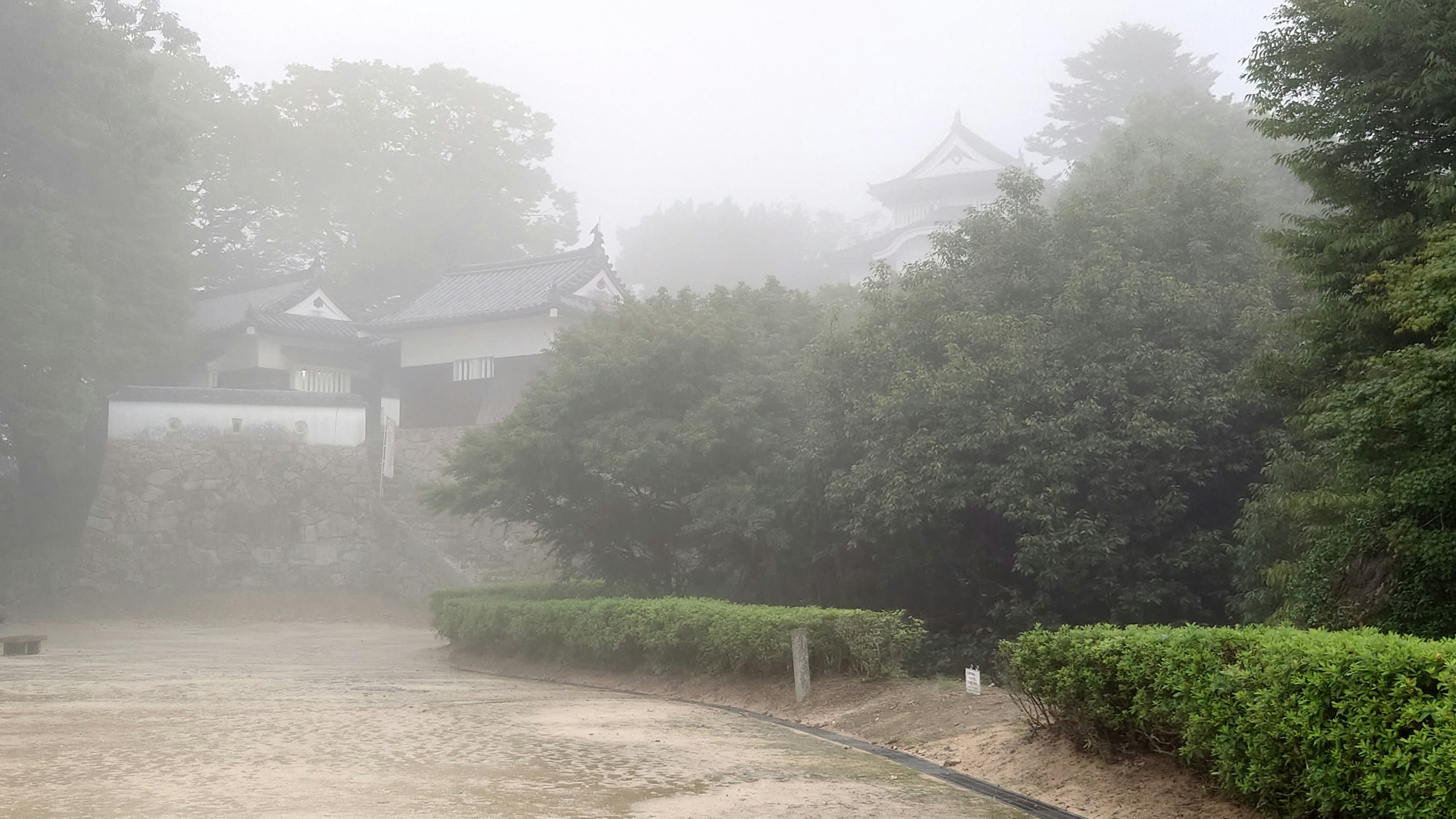 안개가 낀 일본 정원의 풍경 배경에 오래된 건물이 보임