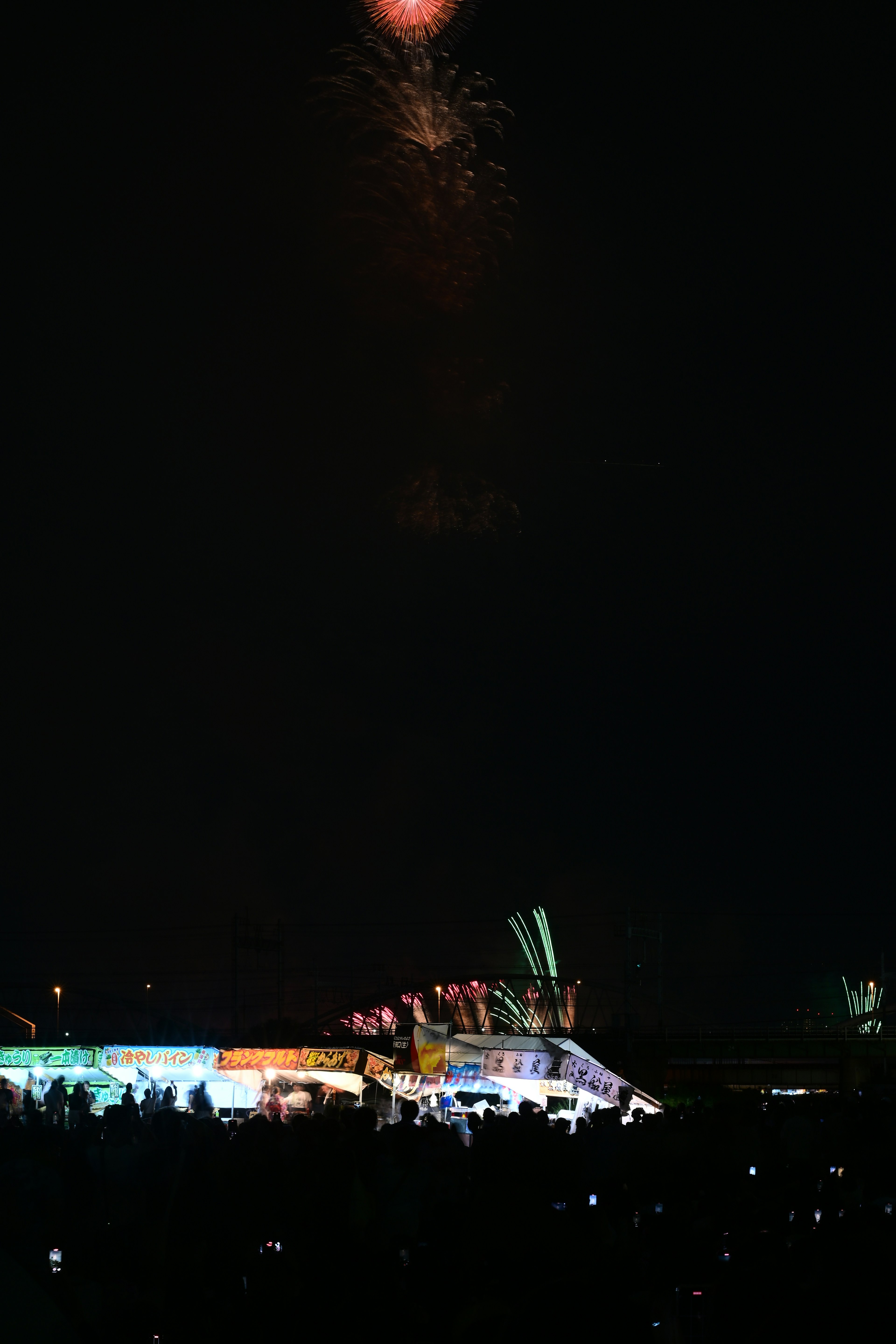 Una escena vibrante con fuegos artificiales en el cielo nocturno y una multitud reunida abajo