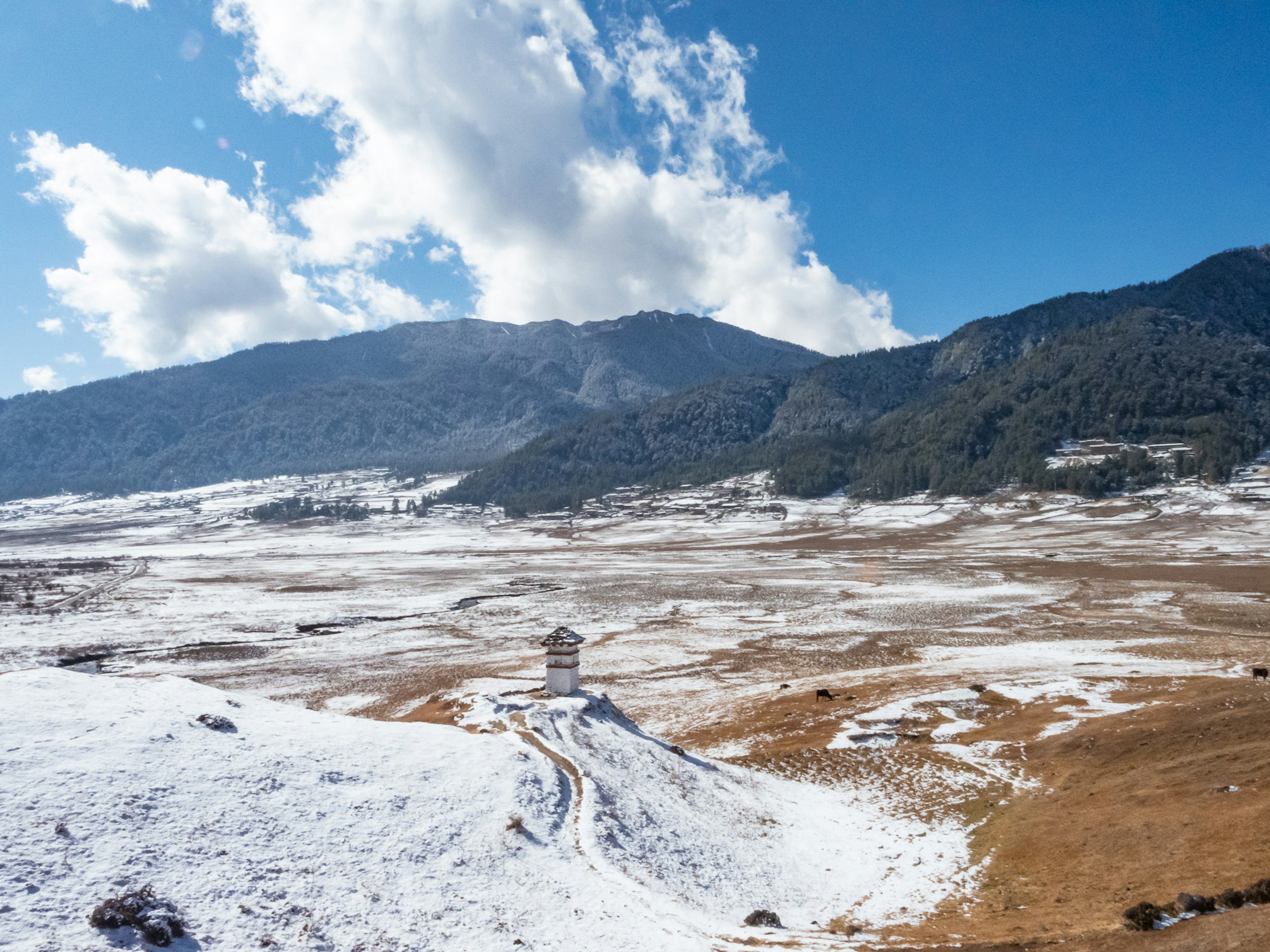 Torre blanca aislada en un paisaje nevado con montañas