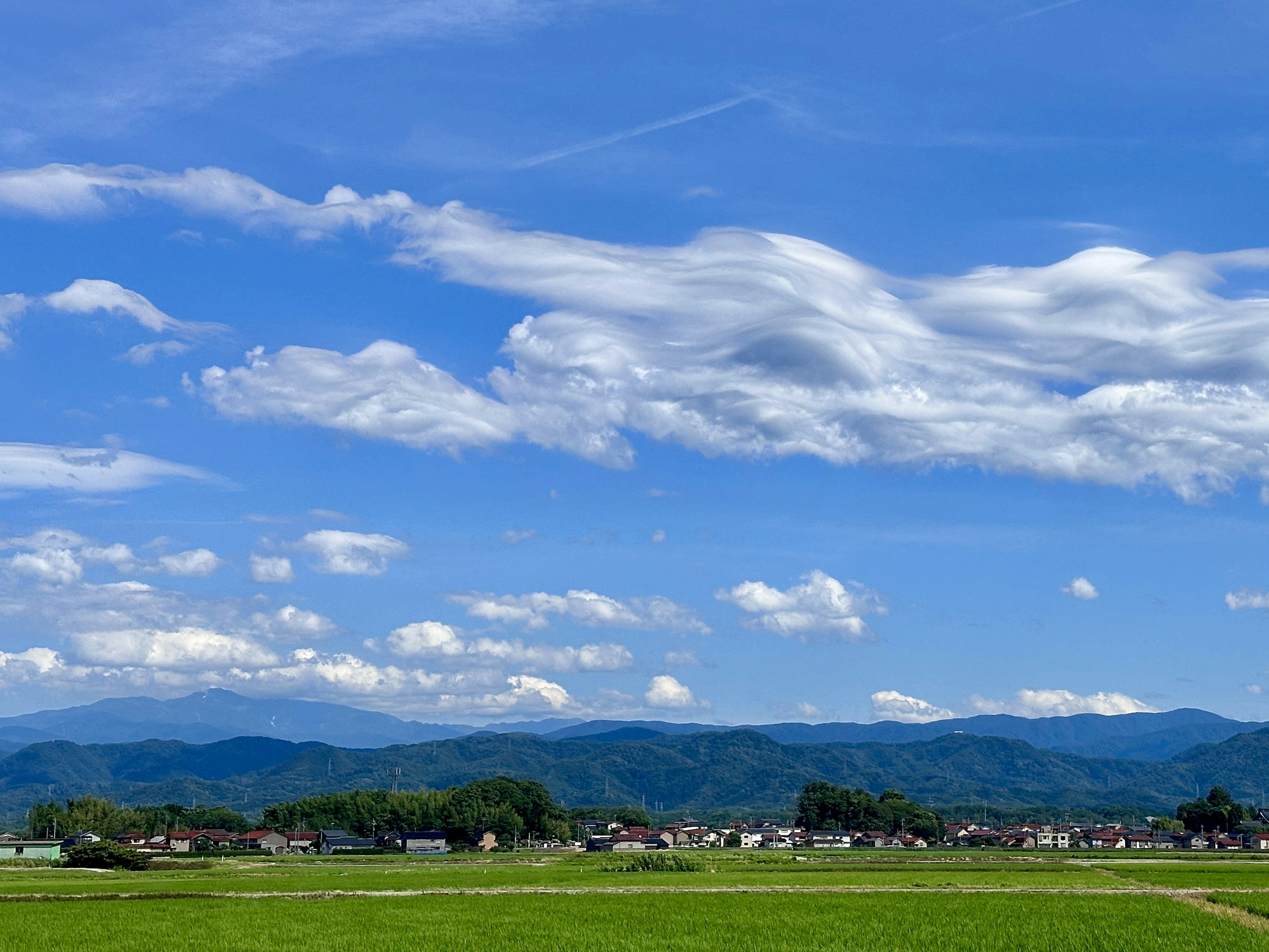 Saftige grüne Felder unter einem strahlend blauen Himmel mit fluffigen weißen Wolken und fernen Bergen