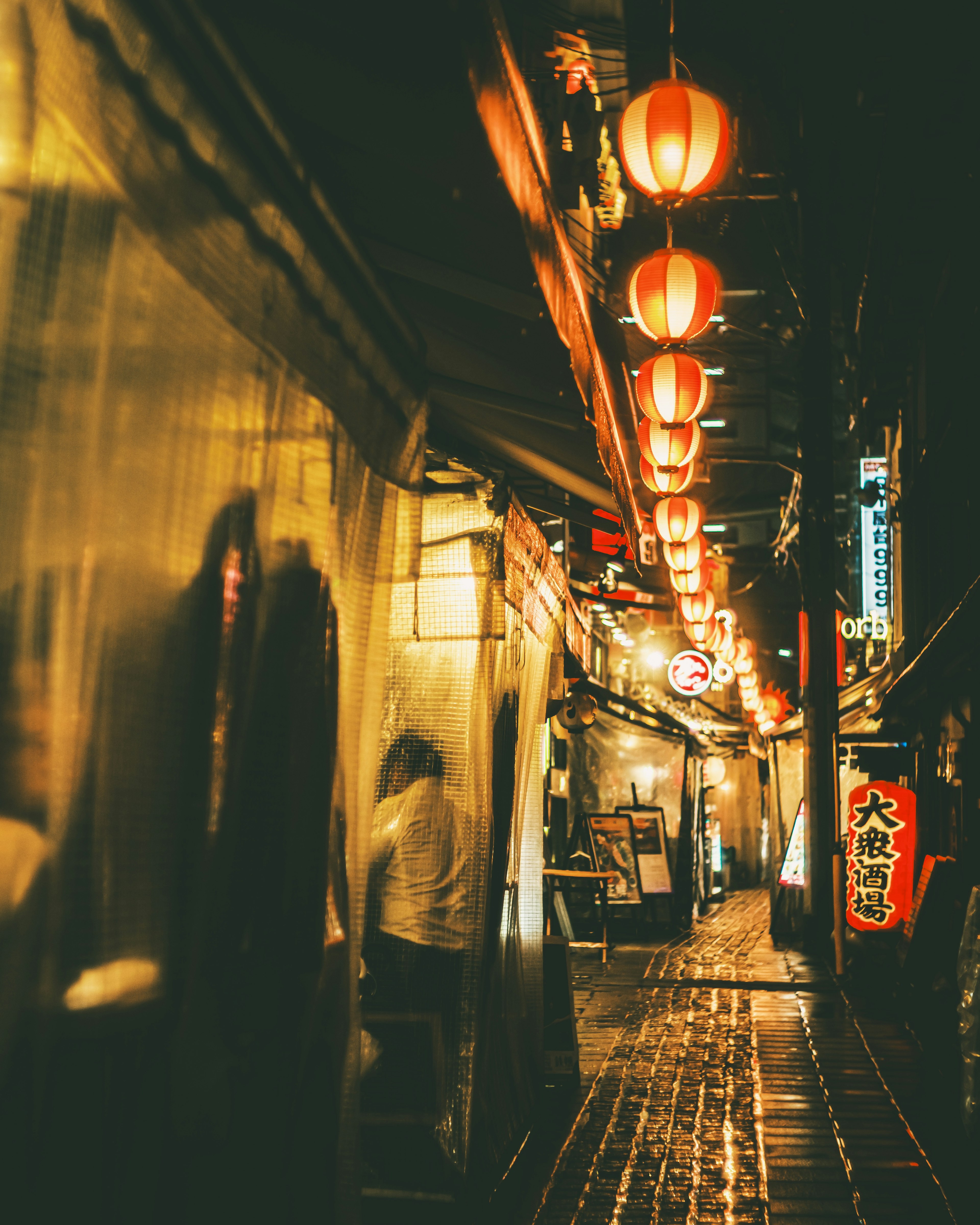 Narrow alleyway illuminated by red lanterns with silhouettes of people