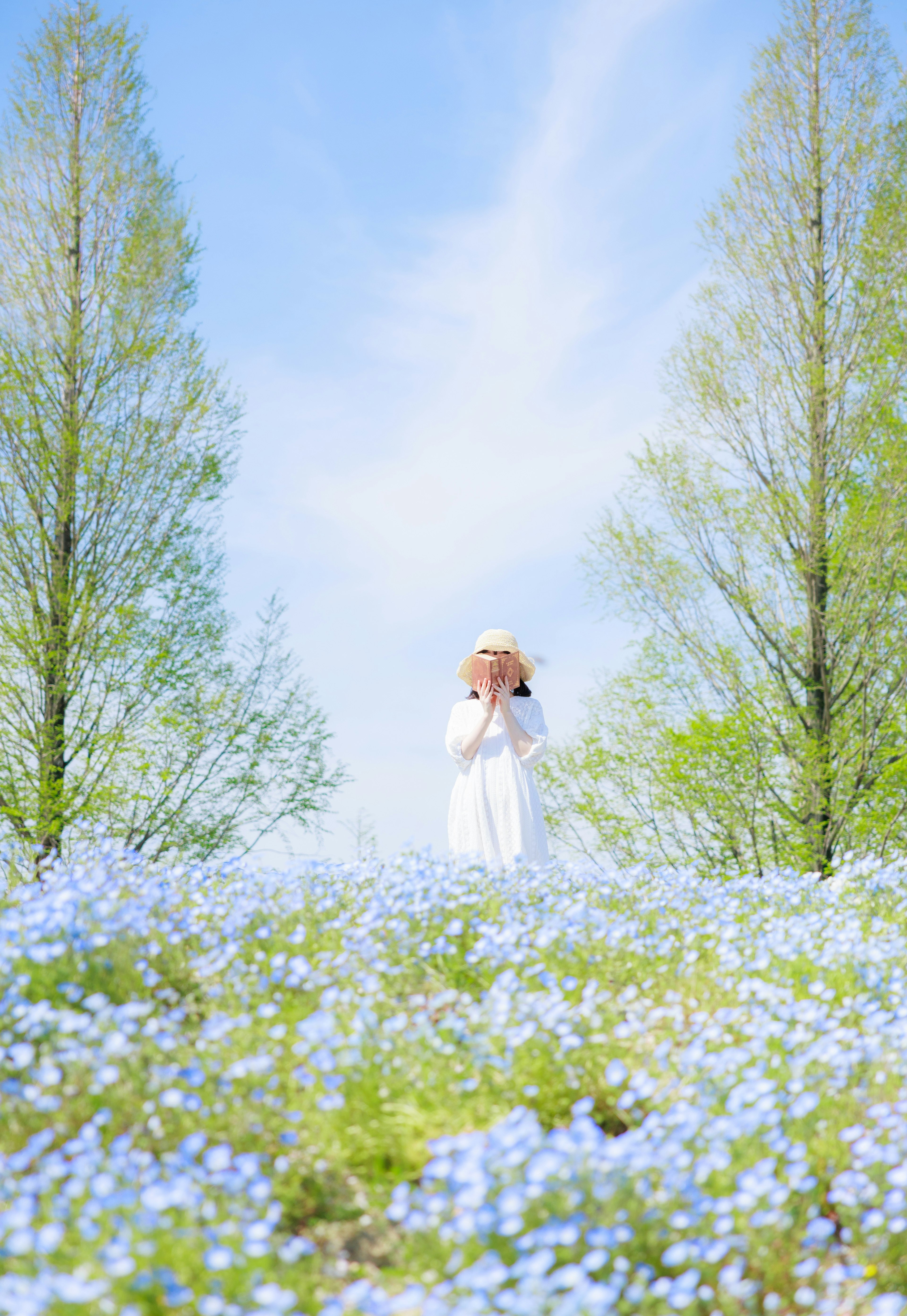 Fille en robe blanche parmi des fleurs bleues