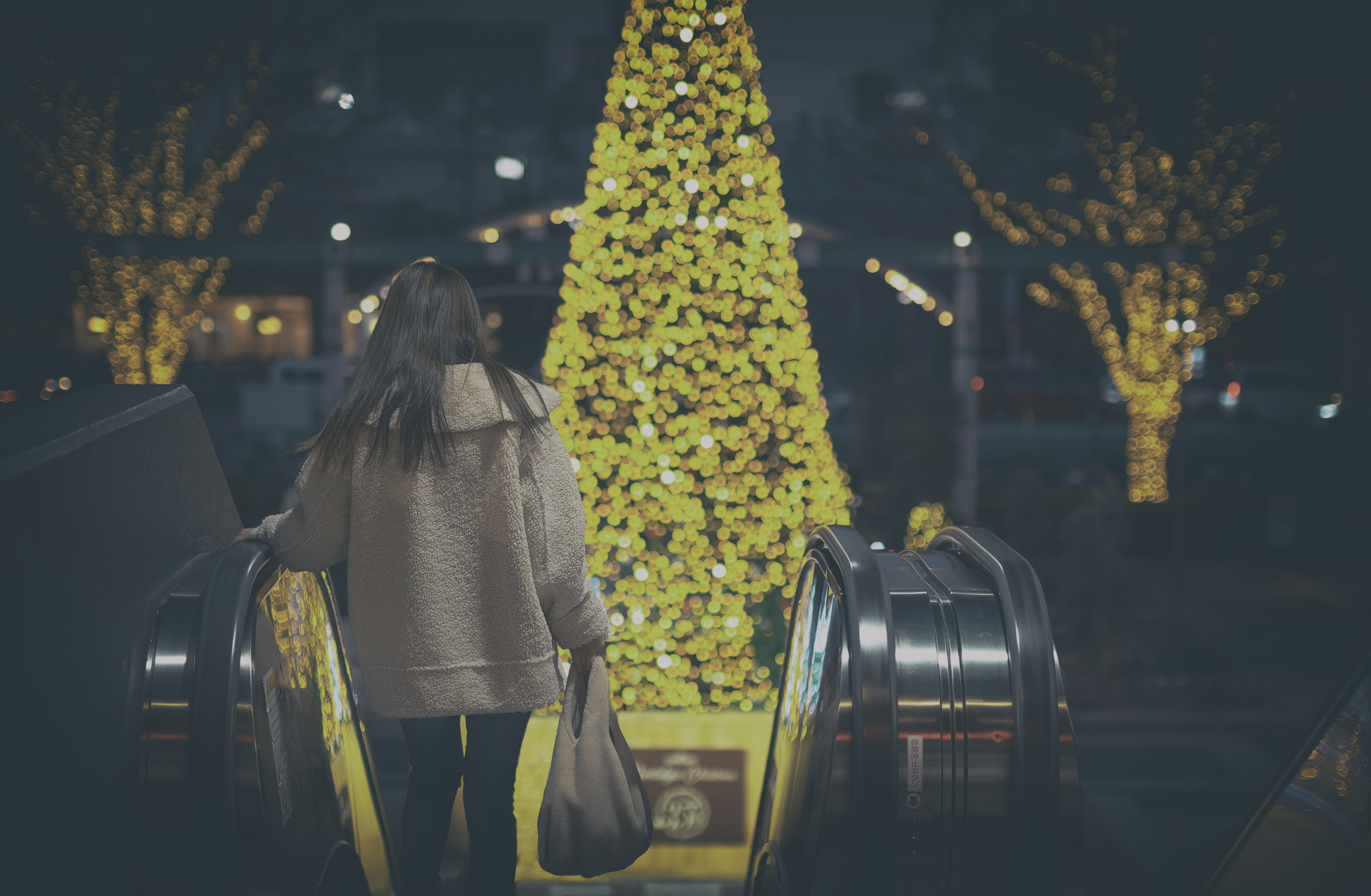 Femme descendant un escalator avec un arbre de Noël illuminé en arrière-plan