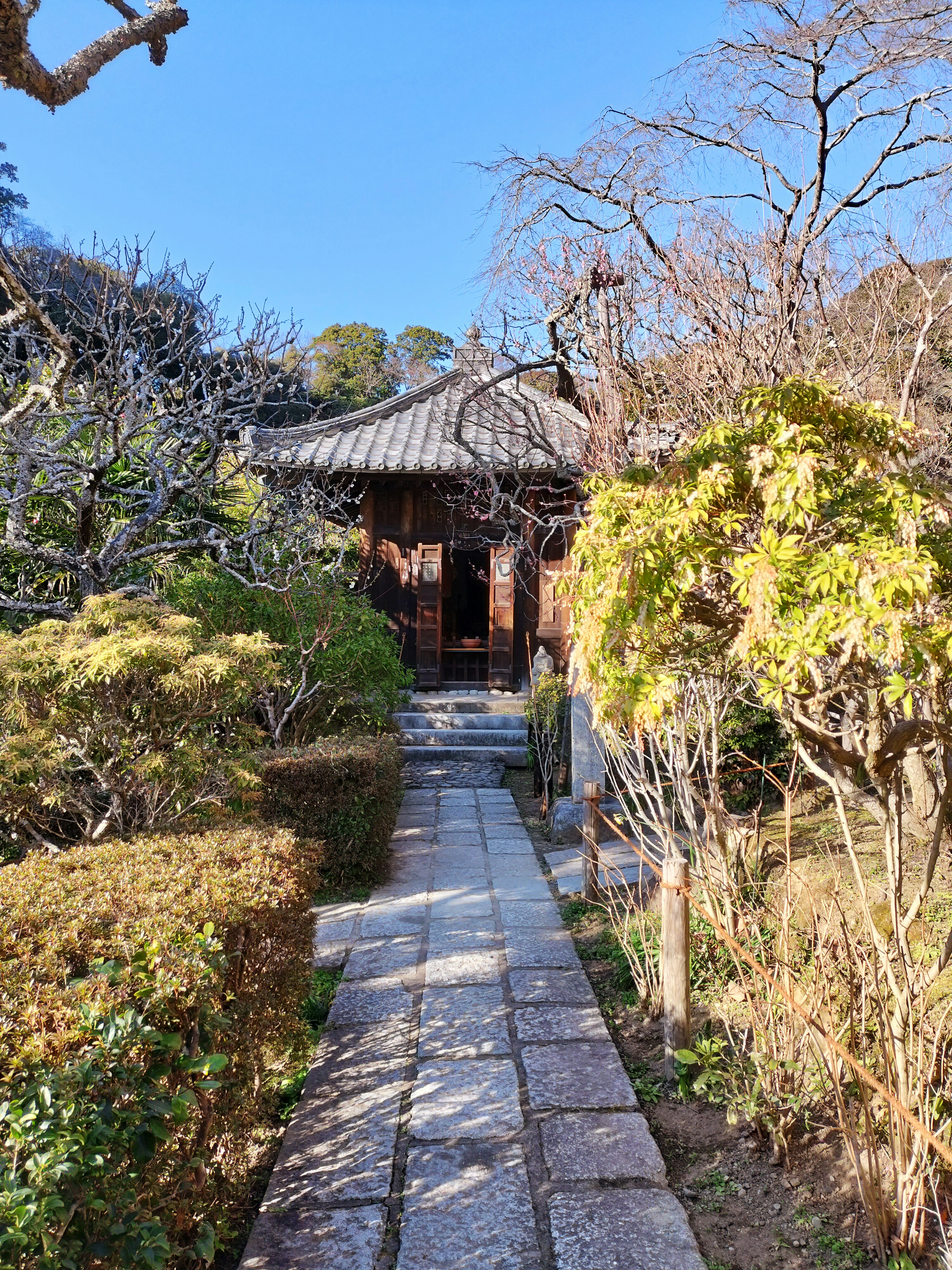 寧靜花園中的傳統日本建築和石頭小路