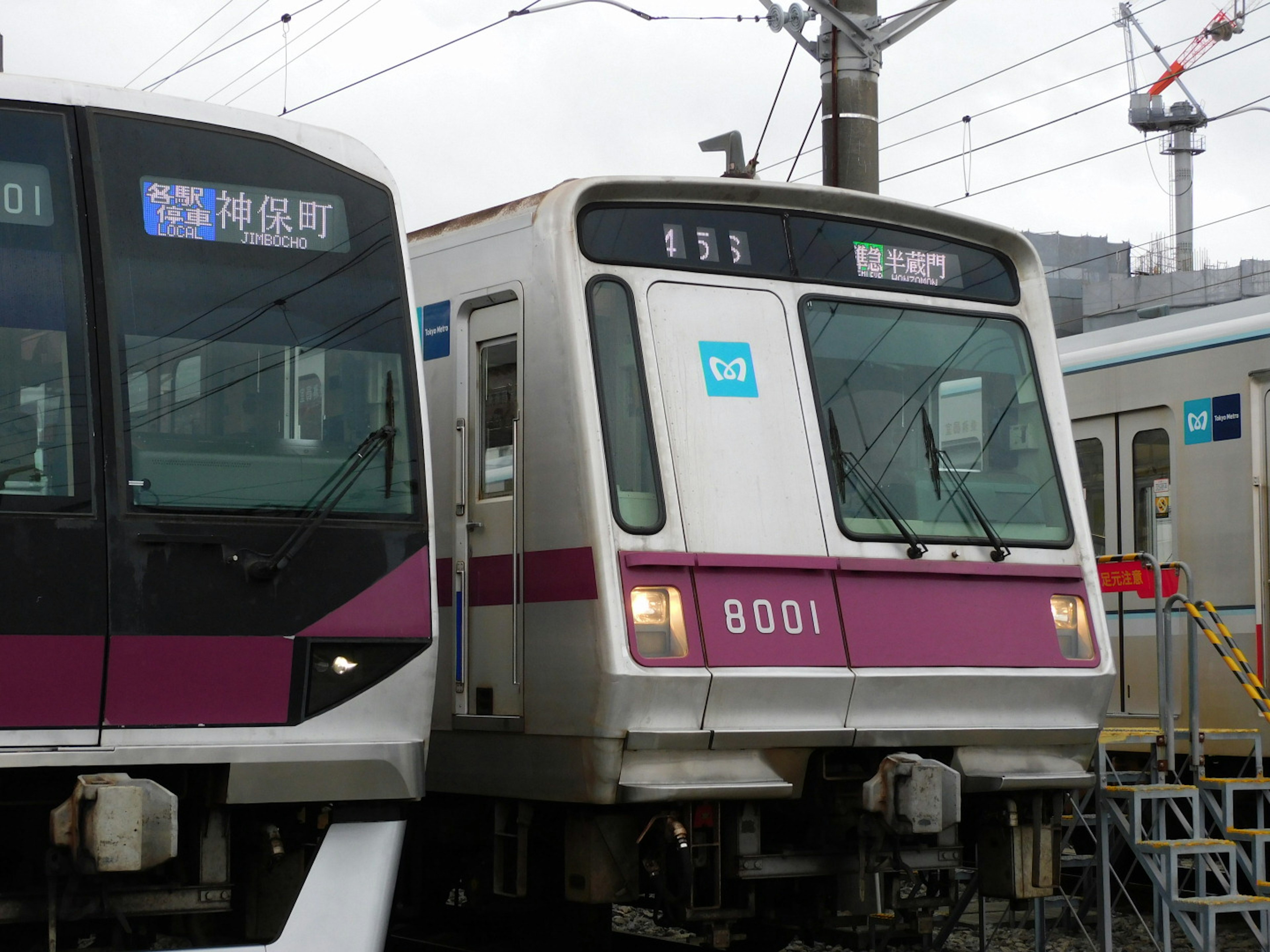 Dos trenes en una estación uno es el tren número 8001 con un diseño púrpura