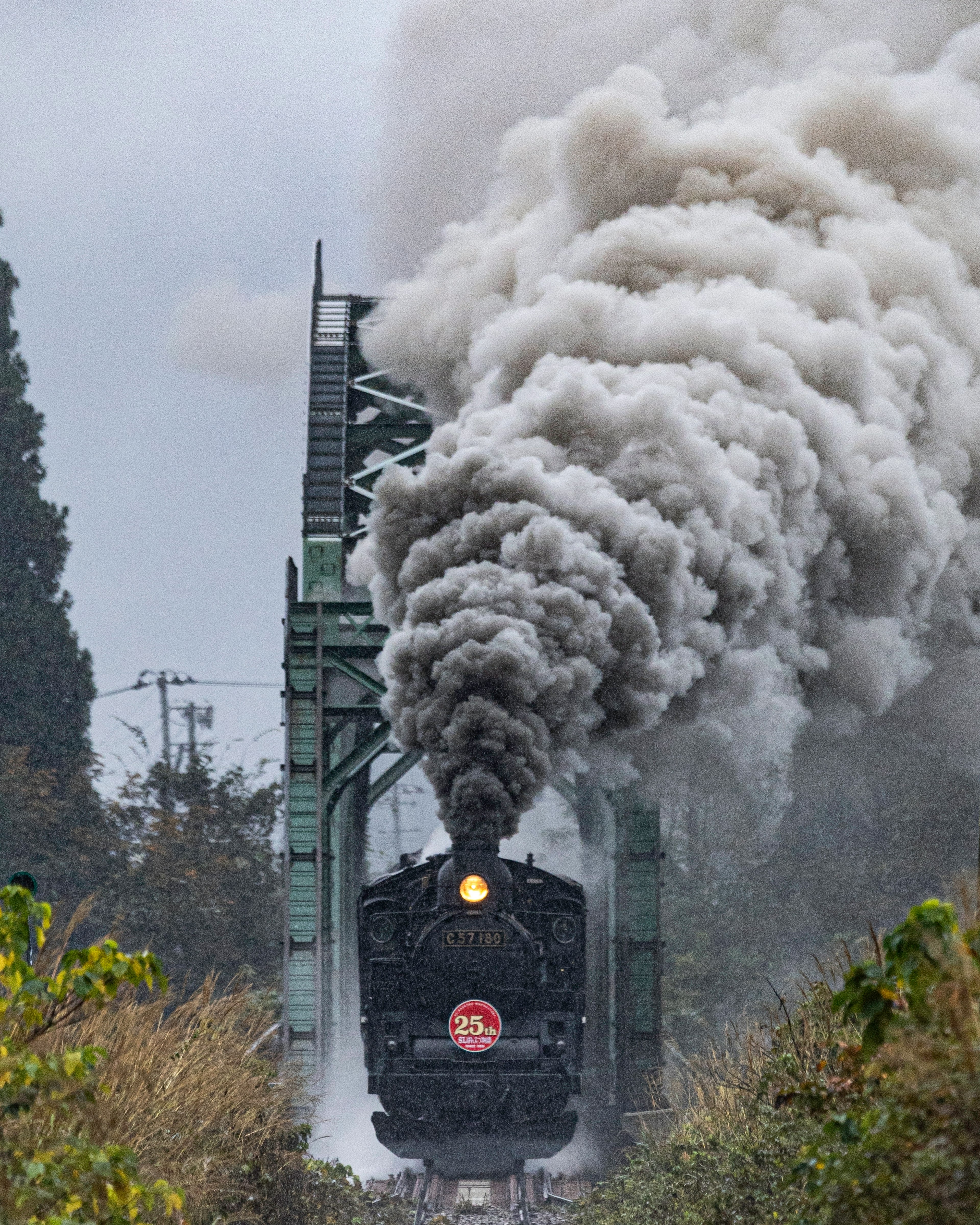 Steam locomotive emitting smoke crossing a bridge