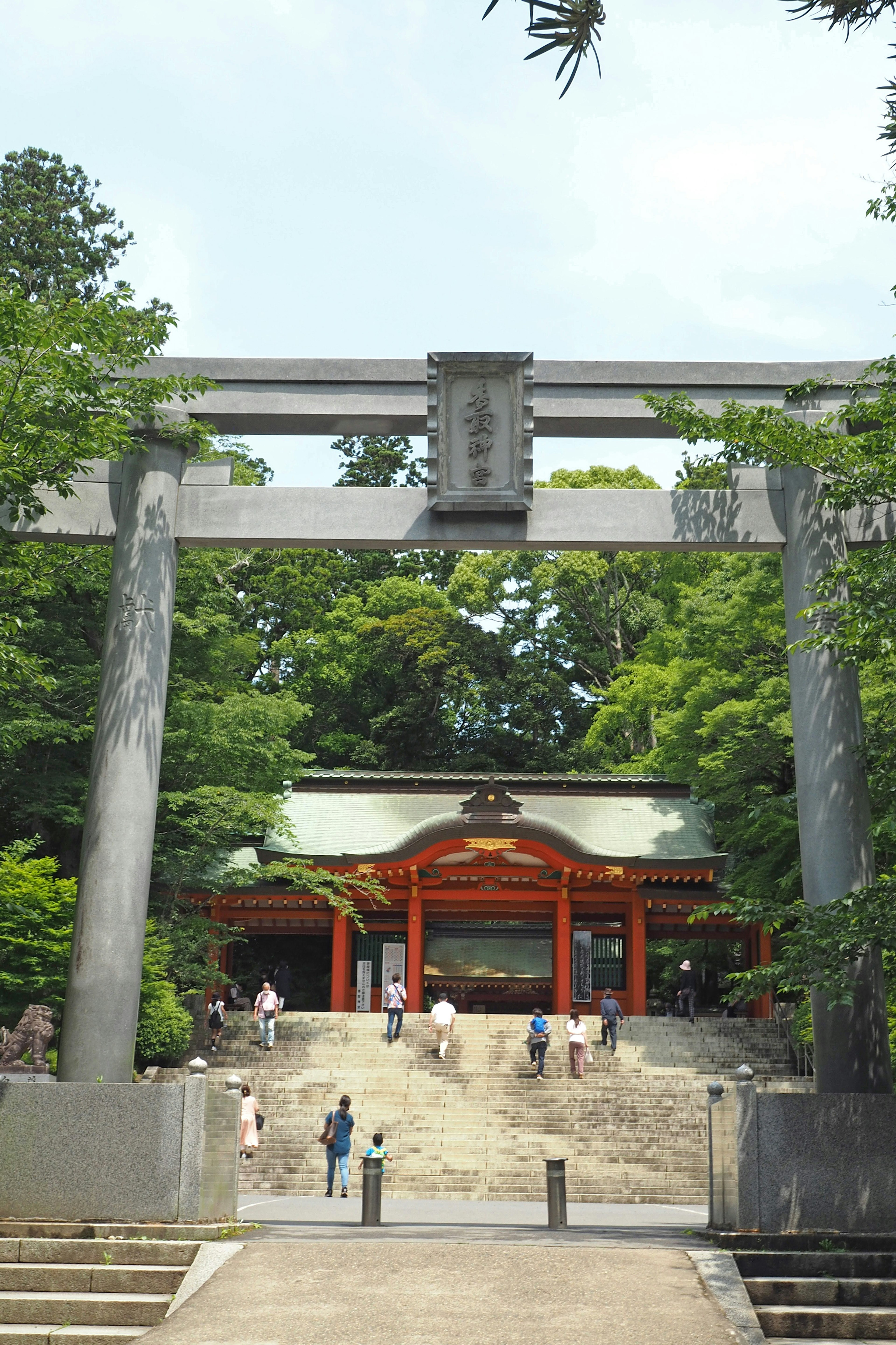 Torii gate leading to a shrine surrounded by lush greenery