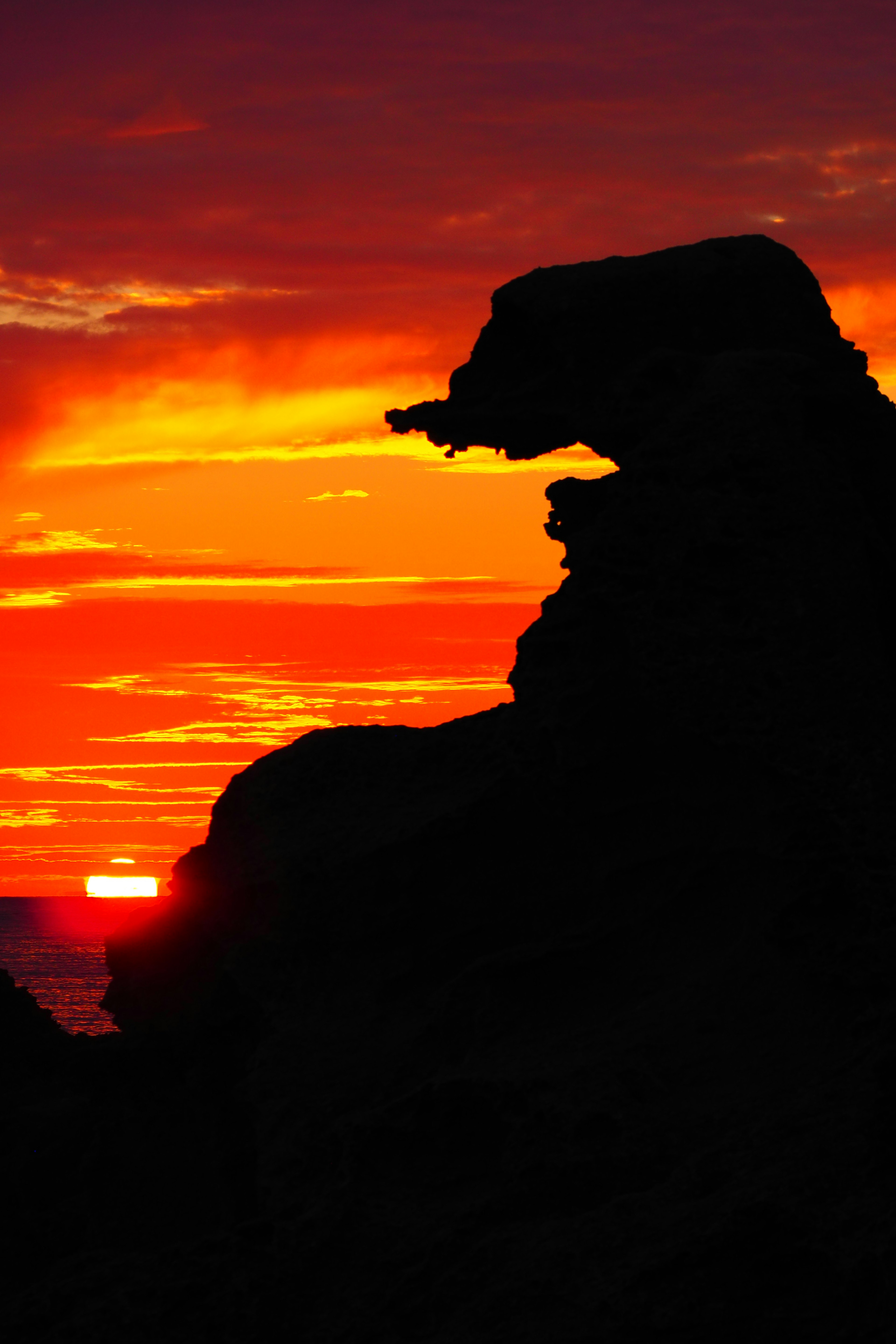 Silhouette of a rock resembling a dog against a vibrant sunset