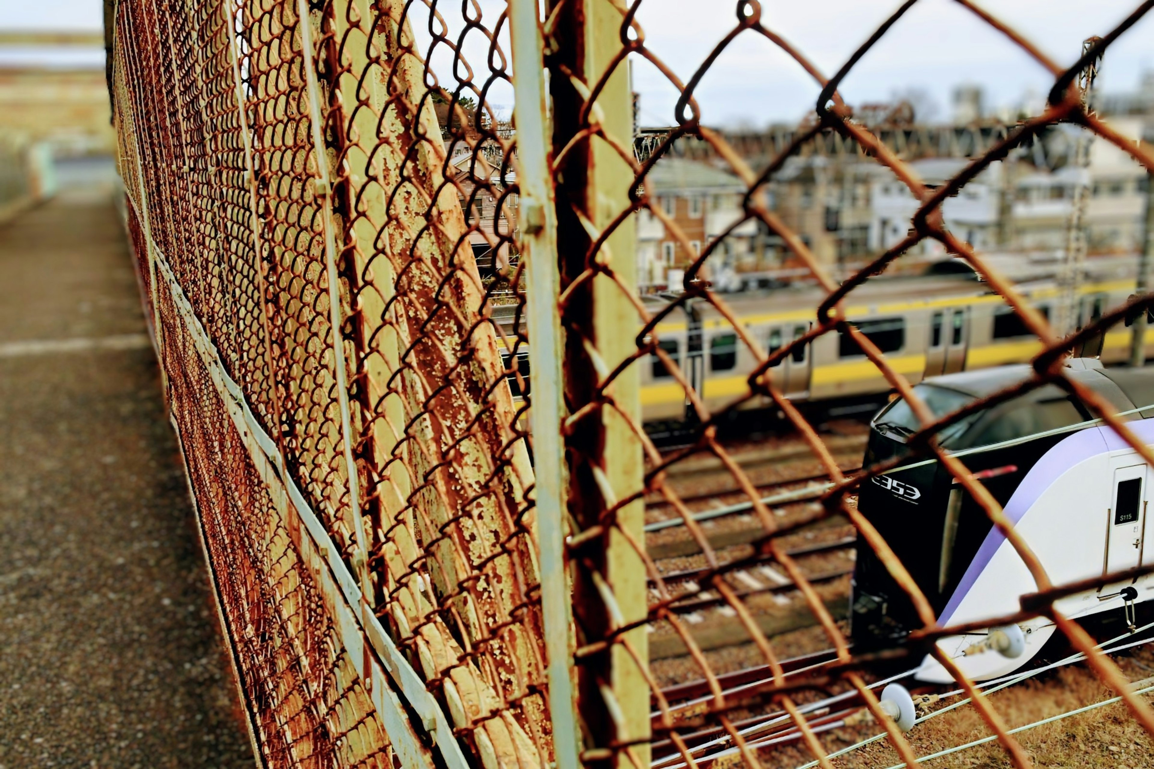 Rusty fence overlooking trains and tracks