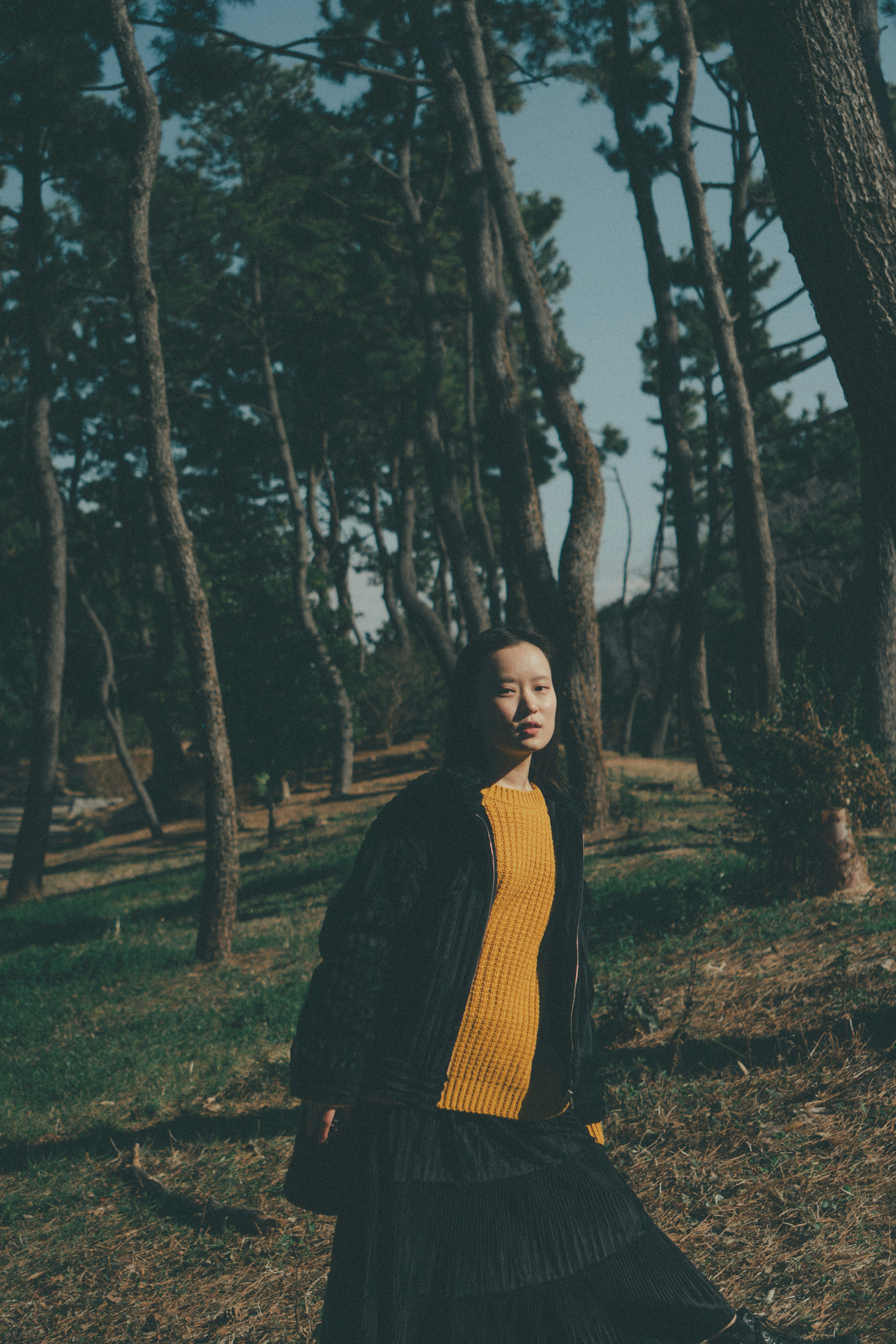 Portrait d'une femme se tenant dans la forêt portant un pull jaune et un manteau noir