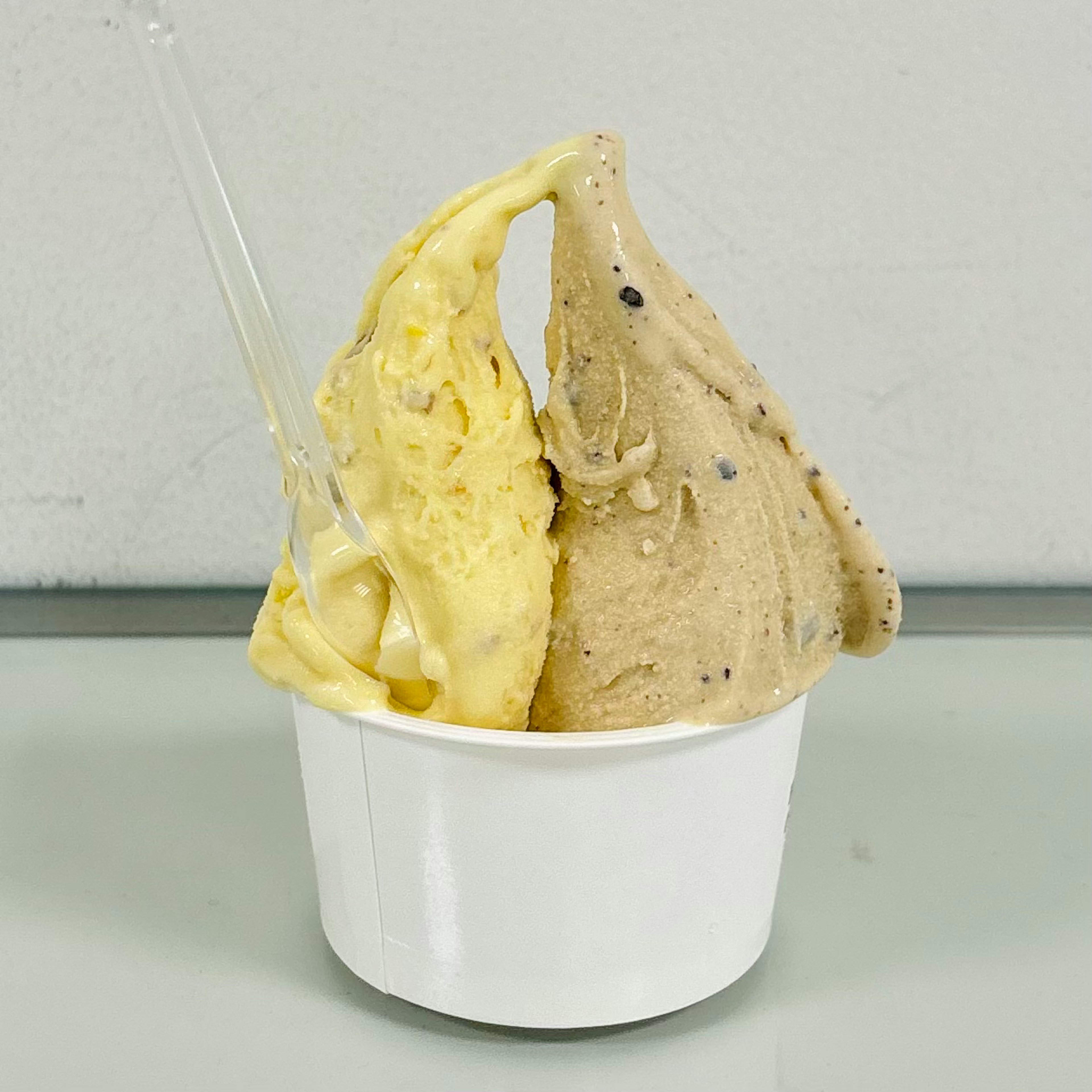 Creamy vanilla and chocolate gelato served in a cup