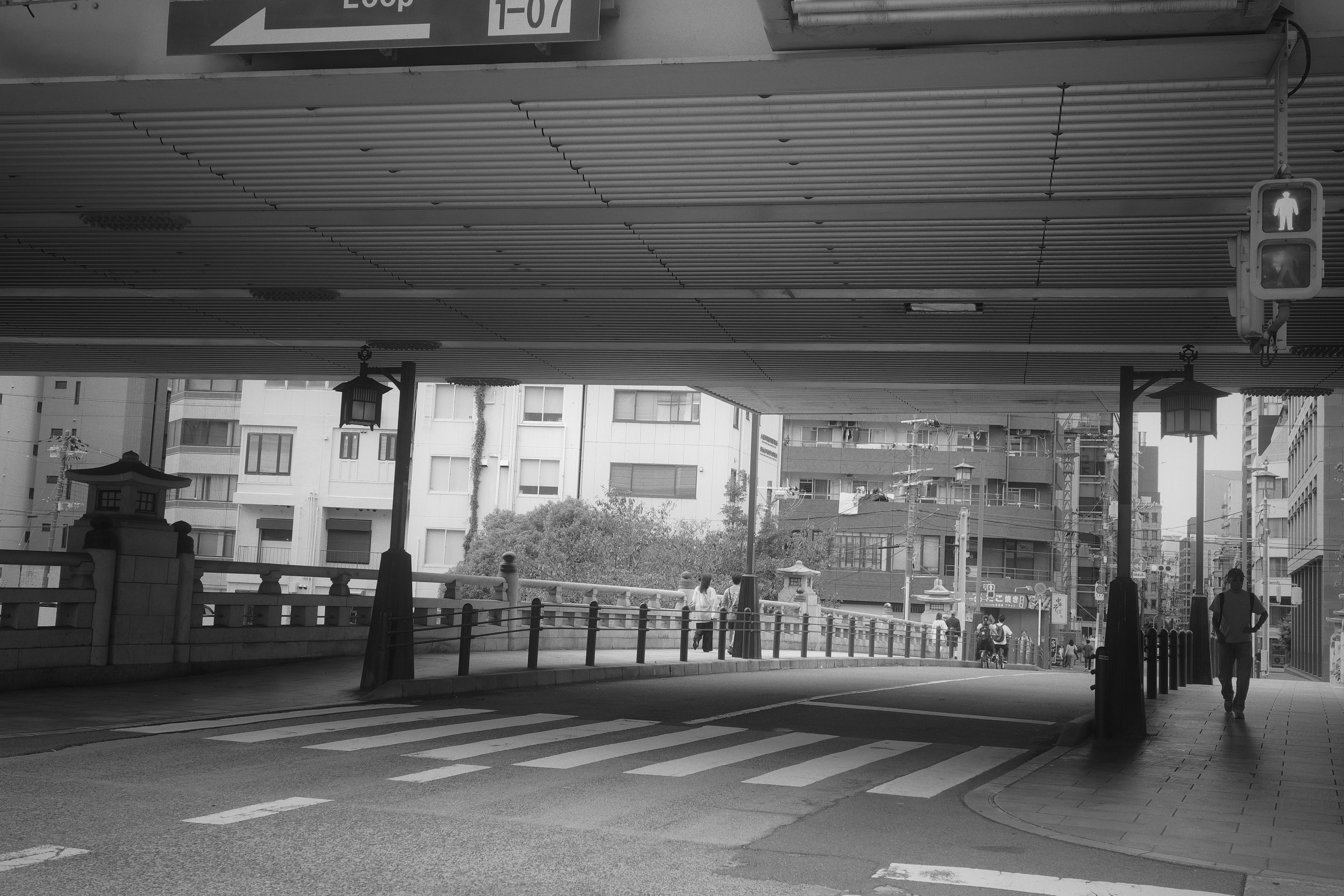 Black and white urban scene featuring a pedestrian signal and crosswalk