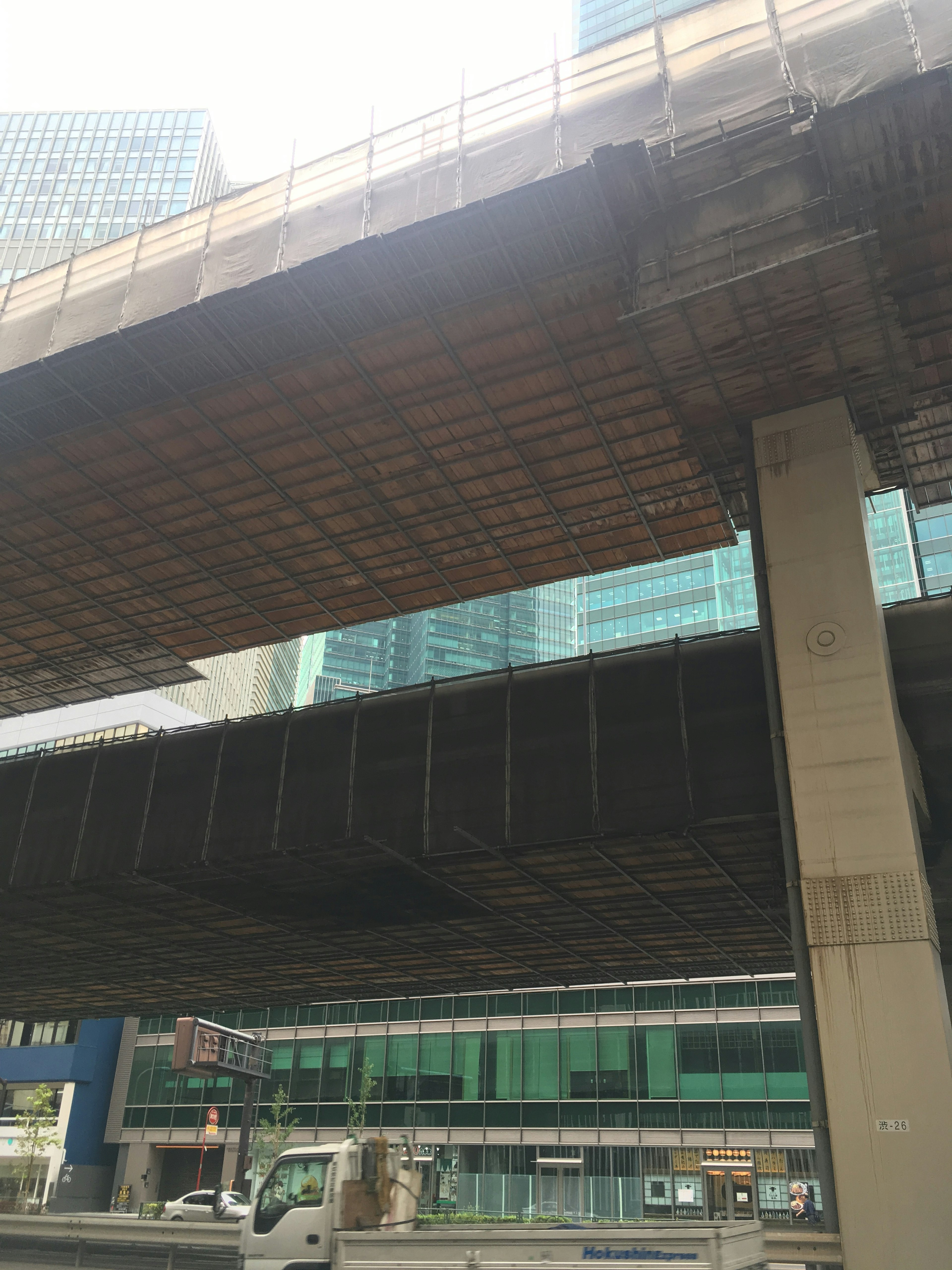 Urban scene showing an elevated bridge structure with surrounding buildings