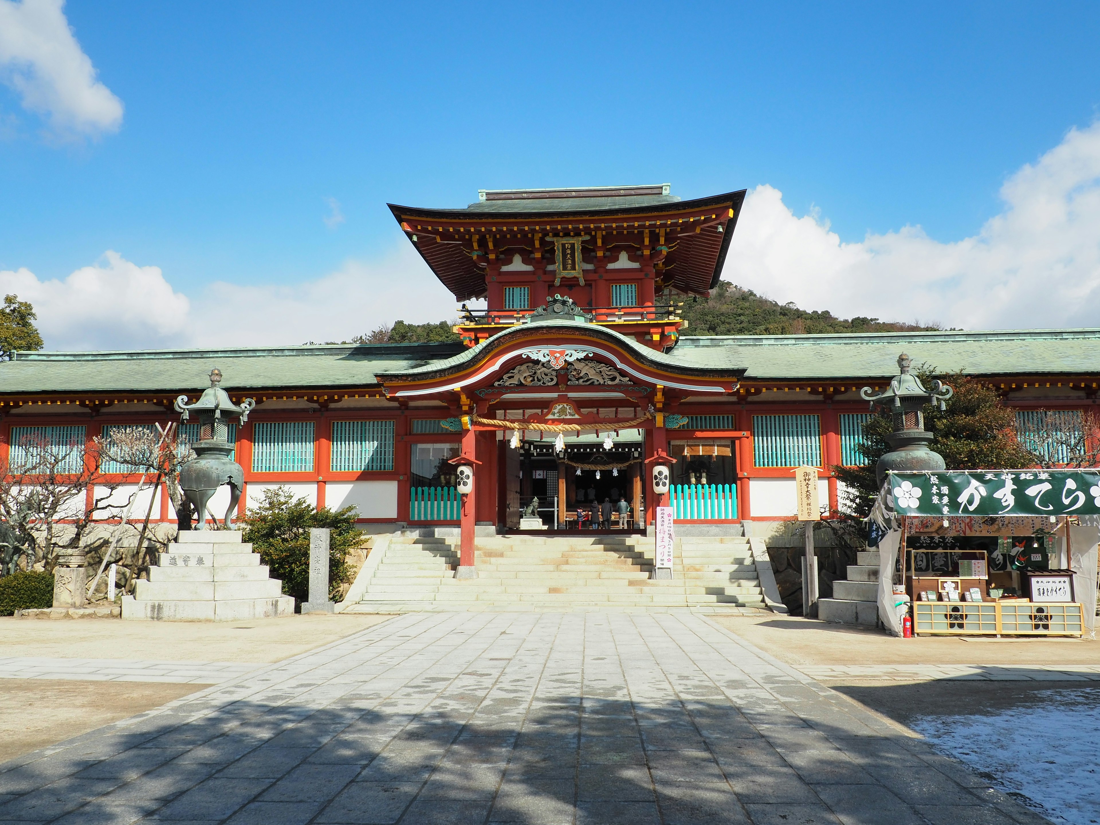 Front view of a beautiful shrine with a blue sky backdrop