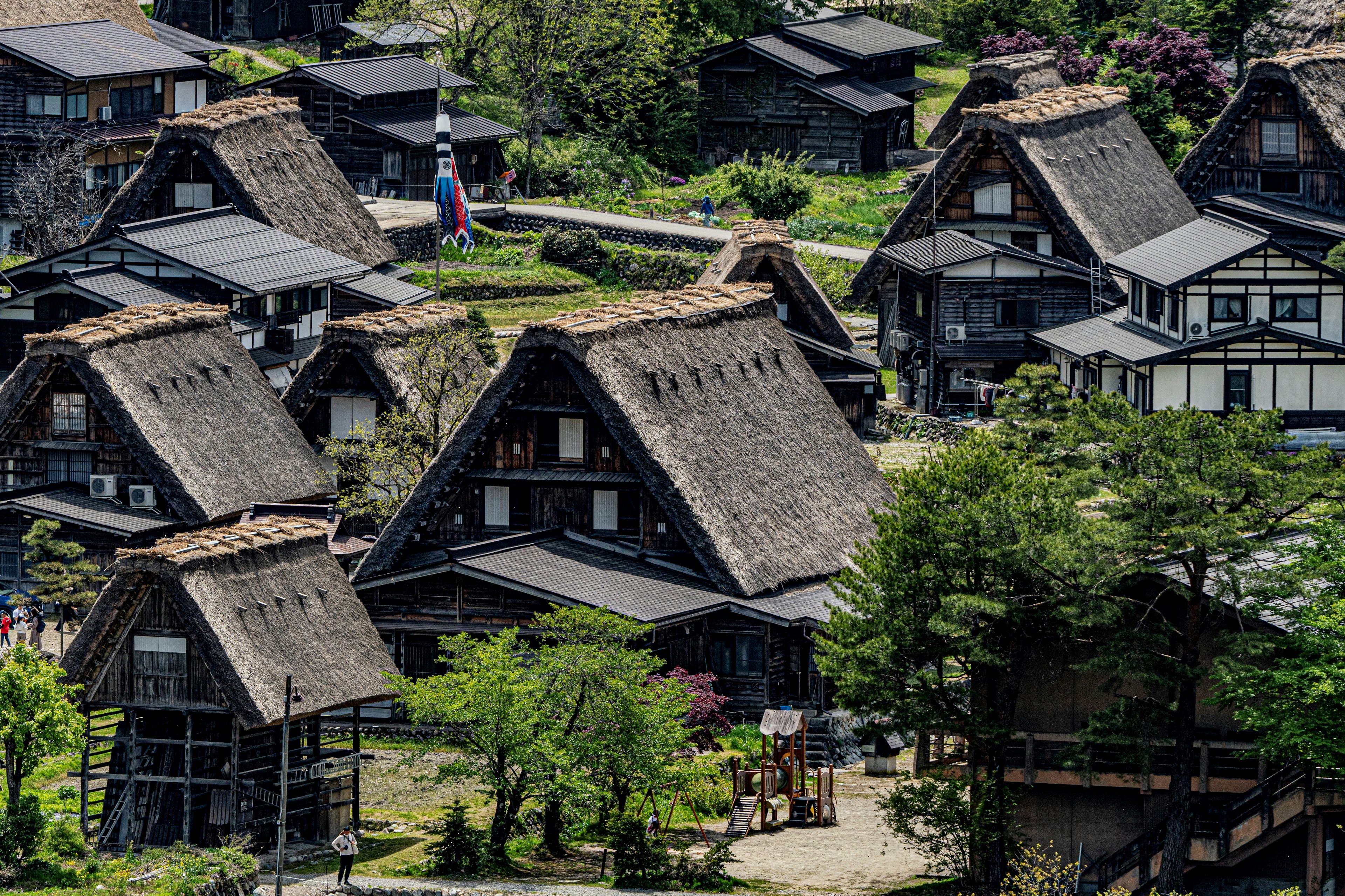 伝統的な合掌造りの家々が並ぶ風景