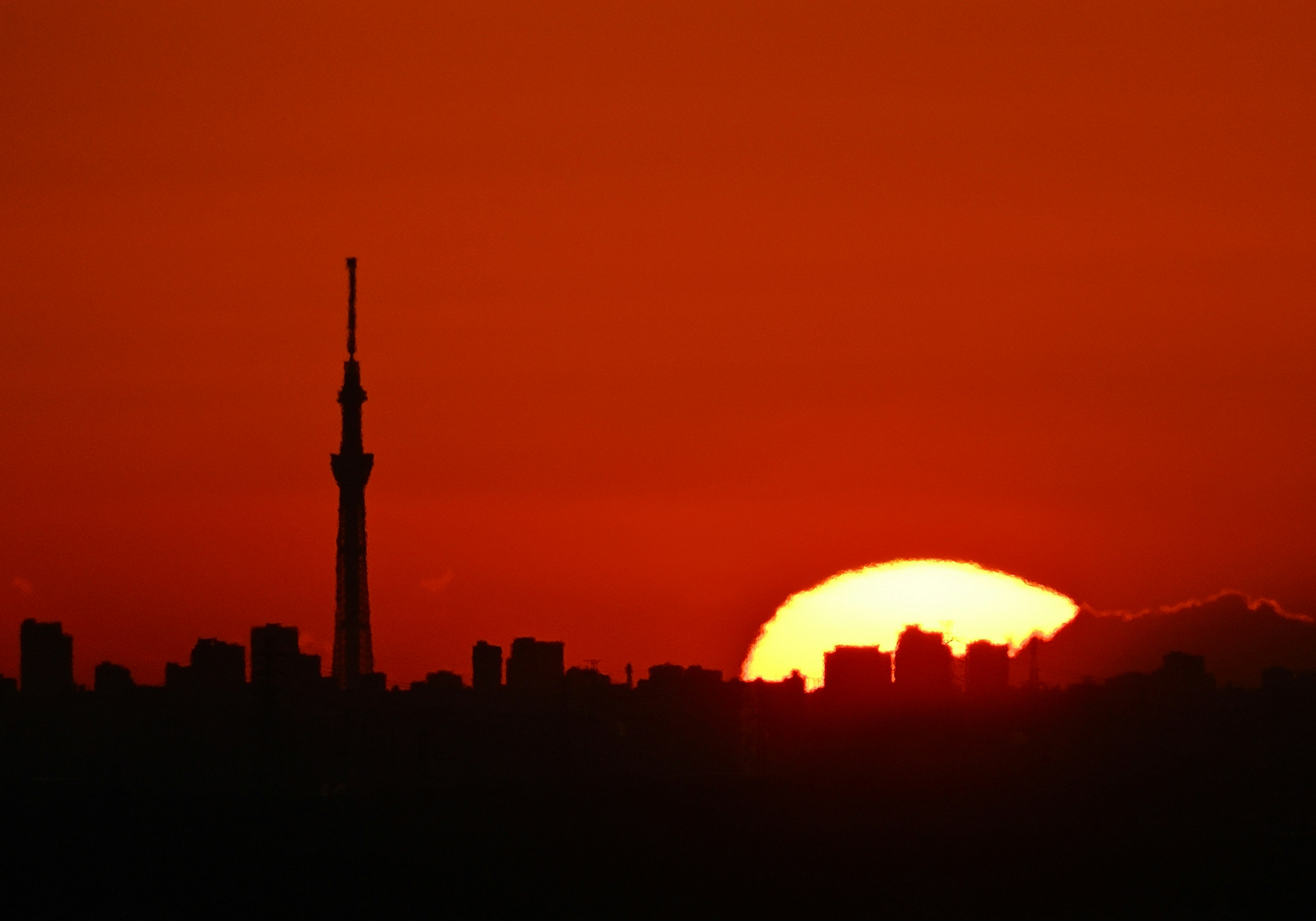 東京スカイツリーと夕日が映えるシルエット