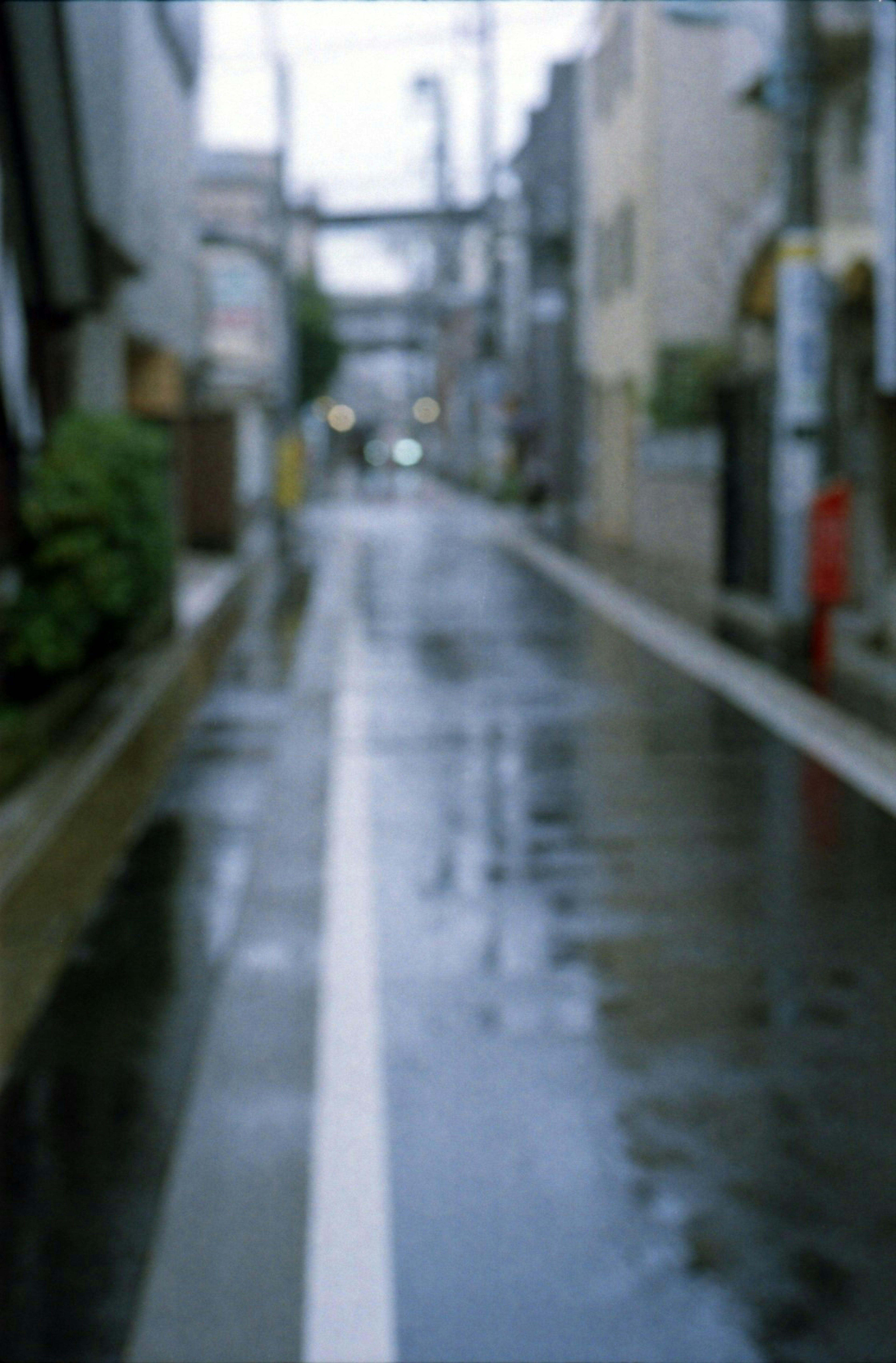 ぼやけた雨の後の街路の風景 濡れたアスファルトと建物の並び