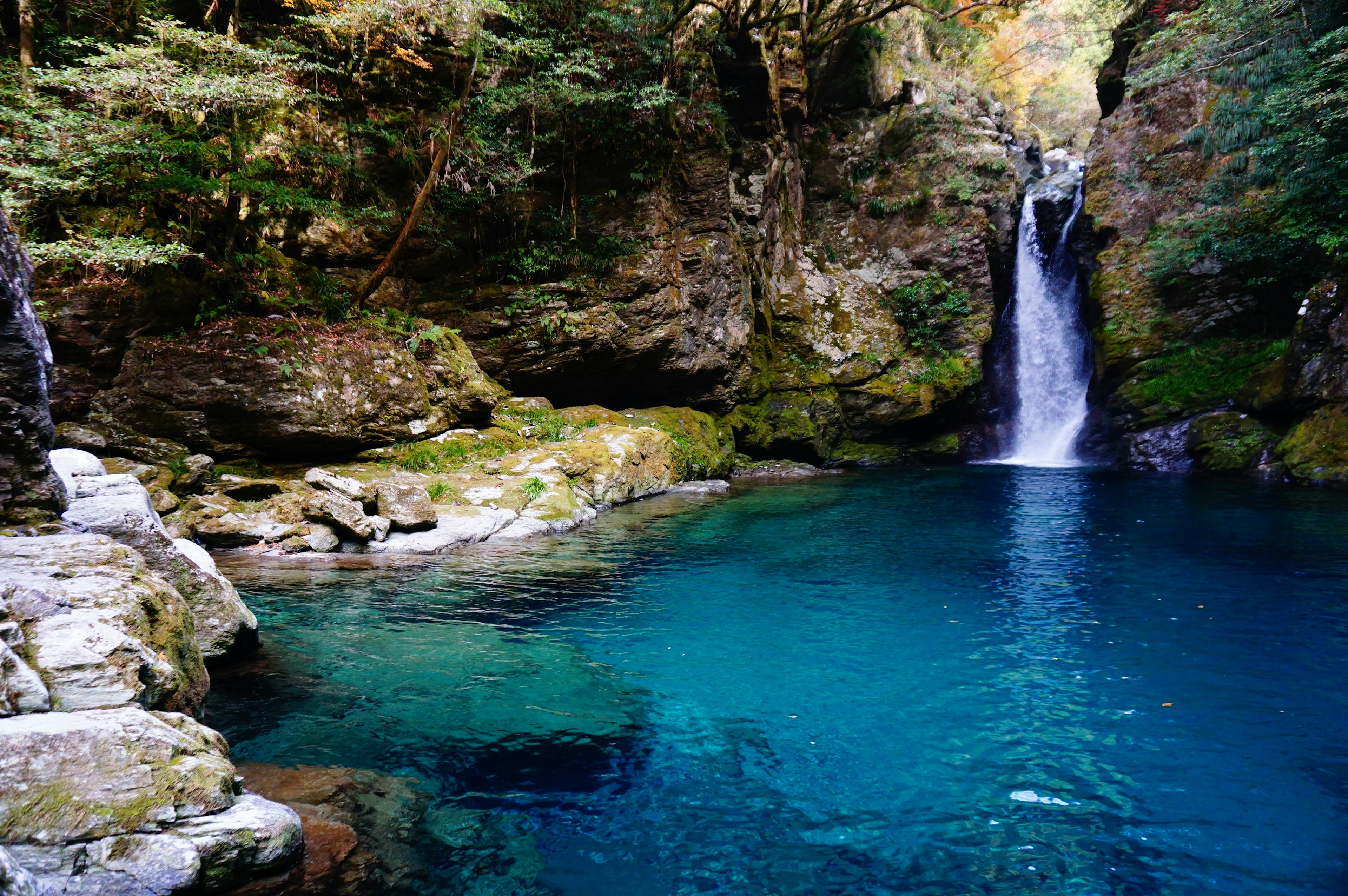 Pemandangan indah air terjun yang mengalir ke kolam biru jernih dikelilingi oleh vegetasi subur