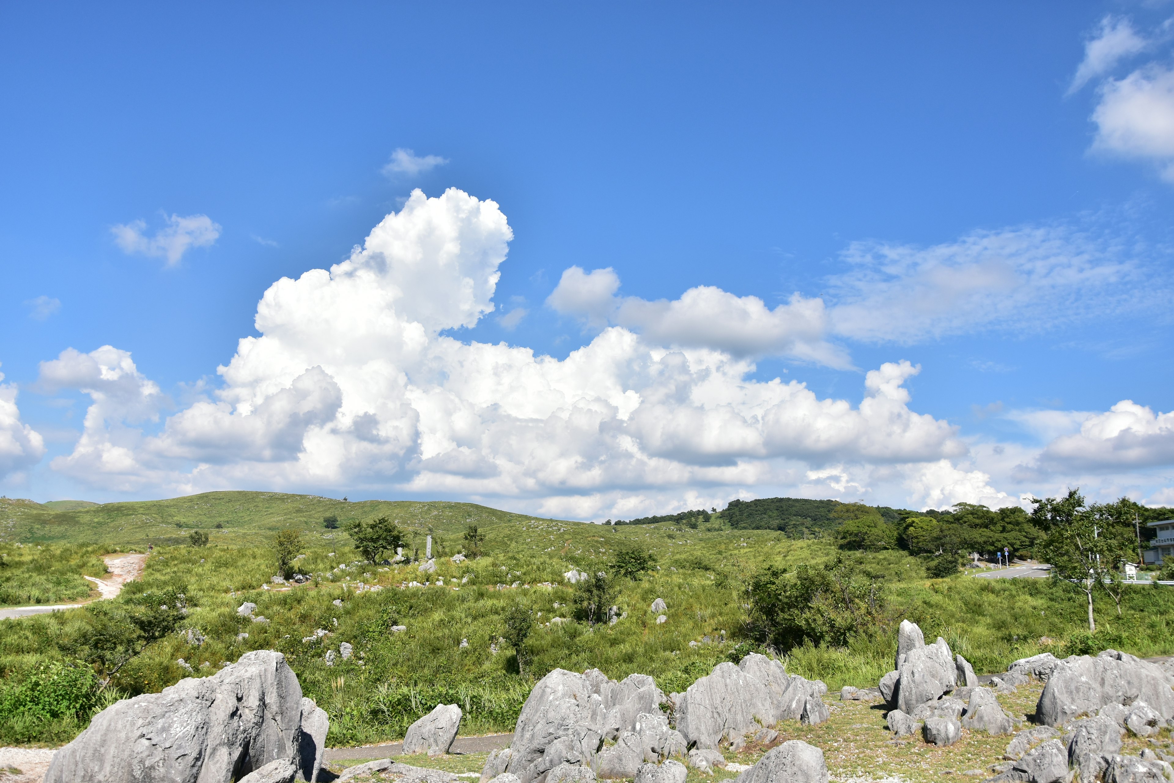 Un paisaje con cielo azul nubes blancas praderas verdes y rocas de caliza